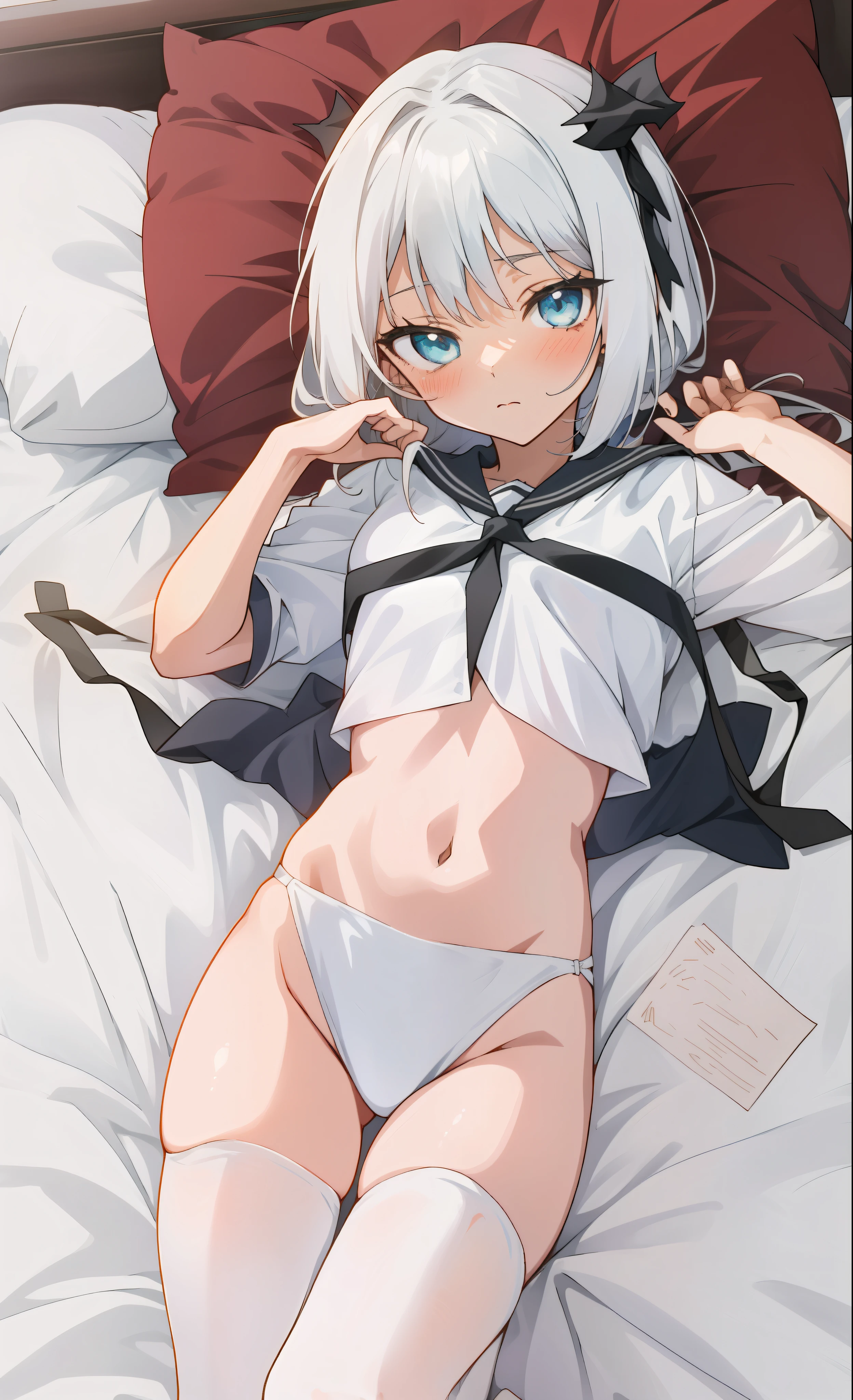 Anime - style girl lying in bed，Wear a white shirt and black tie, seductive anime girls, small curvaceous loli, Surrealism female students, Surrealism female students, White-haired god, Perfect white haired girl, Cute anime girl, on my bed, the anime girl is crouching, 2 b, 2b, small loli girl, Anime girl