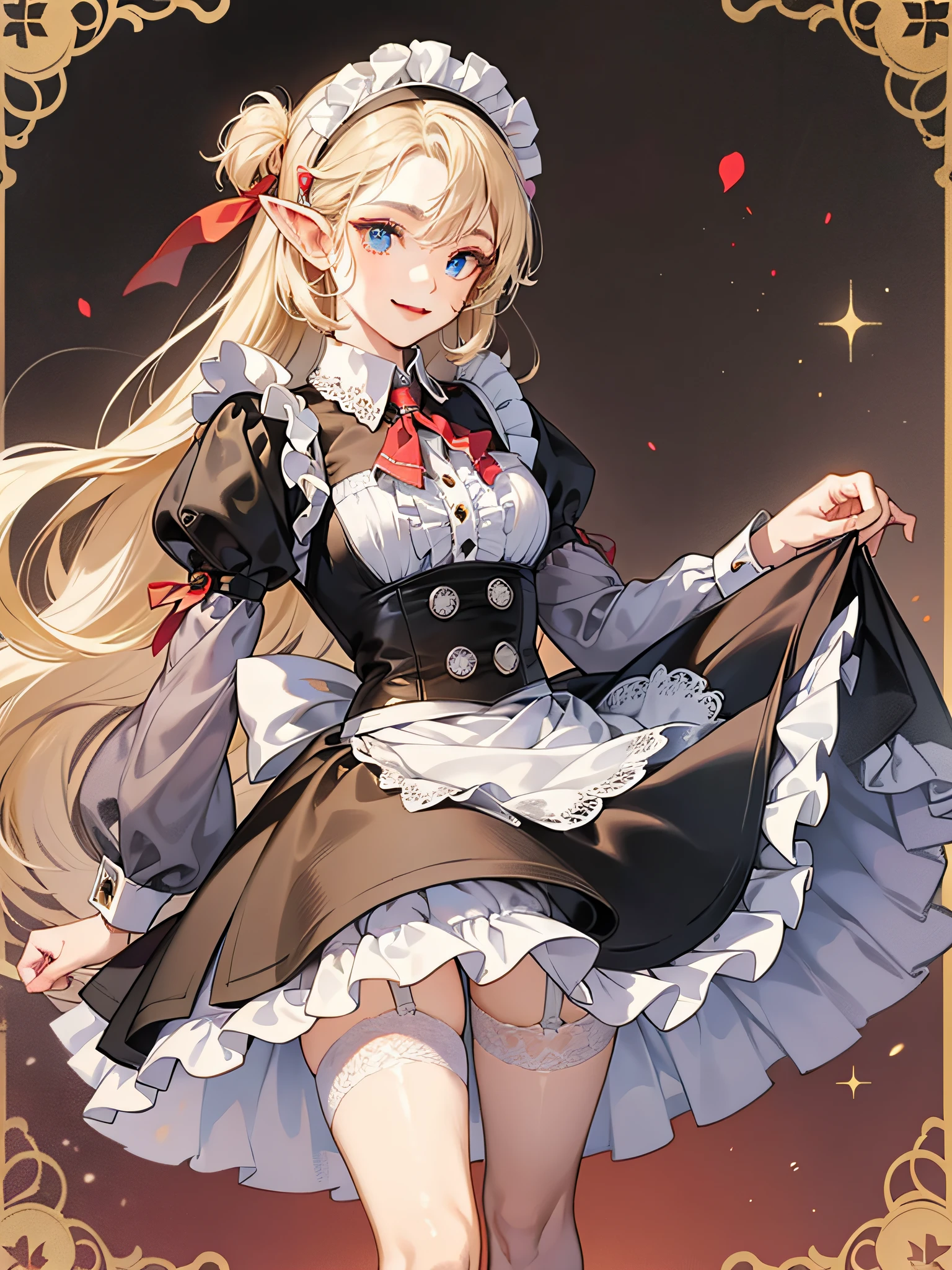elvish, teens girl, solo, full bodyesbian, platinum-blonde,Twin-tailed, blue eyes, Smiled, Standing, Greetings at Curtsy, 
Solid black maid clothes(shortsleeves, puff sleeves, Knee-length short skirt, White cuffs with sleeves, 1 black button on cuffs, The collar is white), 
White Apron Dress(Shoulder buttons, White lace ruffles at shoulder straps, Big ribbon knot at the back), 
Red Ascot Thailand, 
Head headband with white lace ruffles, 
white garter stockings,
white panniers(The hem of the pannier is lace), 
Black enameled shoes(high-heels),
Mucha style background