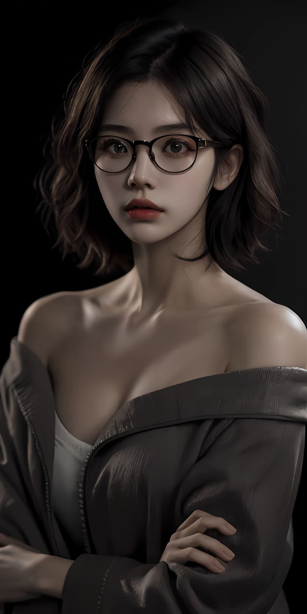Best quality, masterpiece, ultra high res, (photorealistic:1.5), raw photo, 1girl, Korean girl, offshoulder, in the dark, deep shadow, low key, cold light, sexy look, short hair, glasses