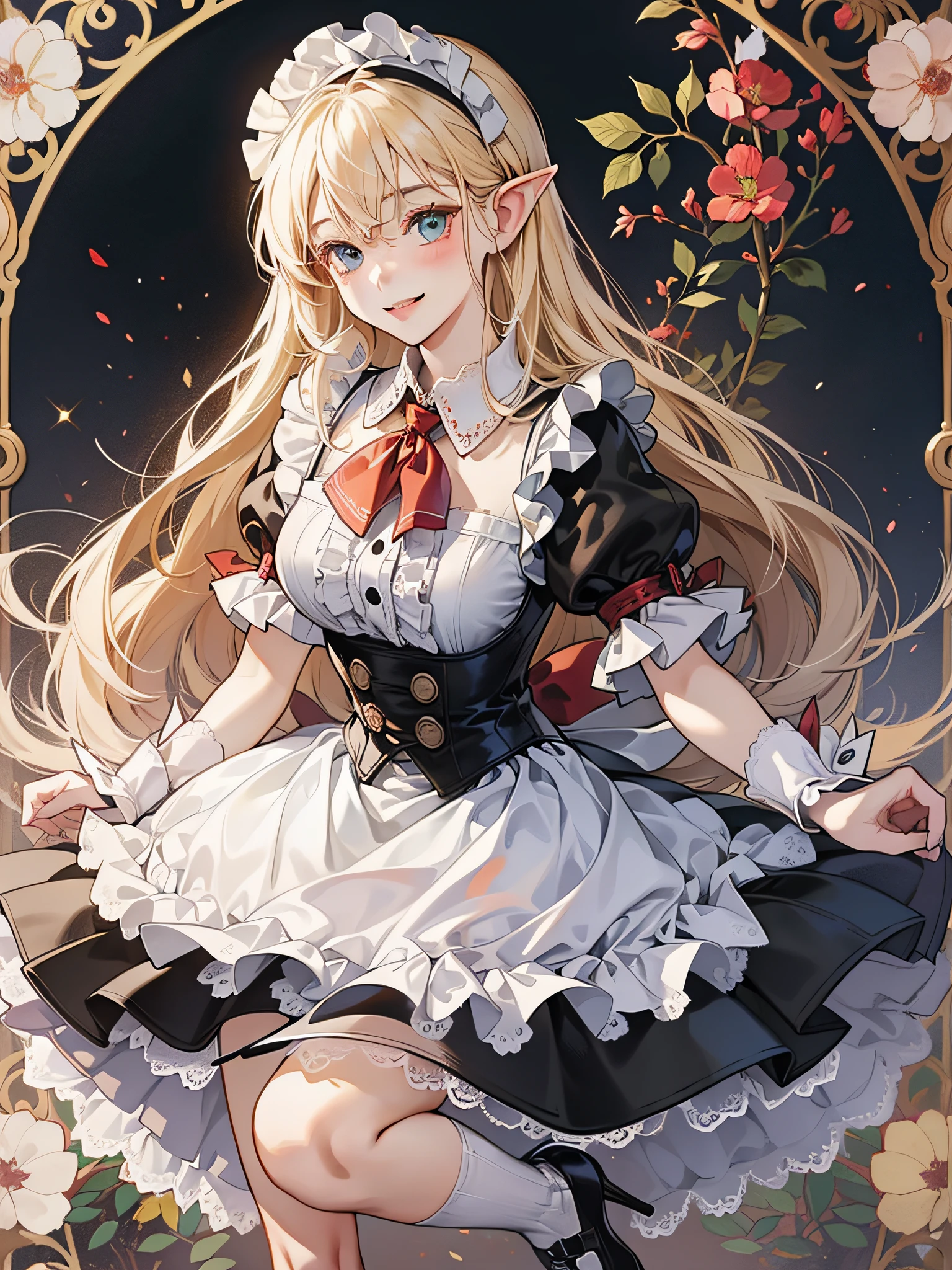 elvish, teens girl, solo, full bodyesbian, platinum-blonde,Twin-tailed, blue eyes, Smiled, Standing, Greetings at Curtsy, 
Solid black maid clothes(shortsleeves, puff sleeves, Knee-length short skirt, White cuffs with sleeves, 1 black button on cuffs, The collar is white), 
White apron(breastplates, Shoulder buttons, White lace ruffles at shoulder straps, Big ribbon knot at the back), 
Red Ascot Thailand, 
Head headband with white lace ruffles, 
white garter stockings,
white panniers(The hem of the pannier is lace), 
Black enameled shoes(high-heels),
Mucha style background