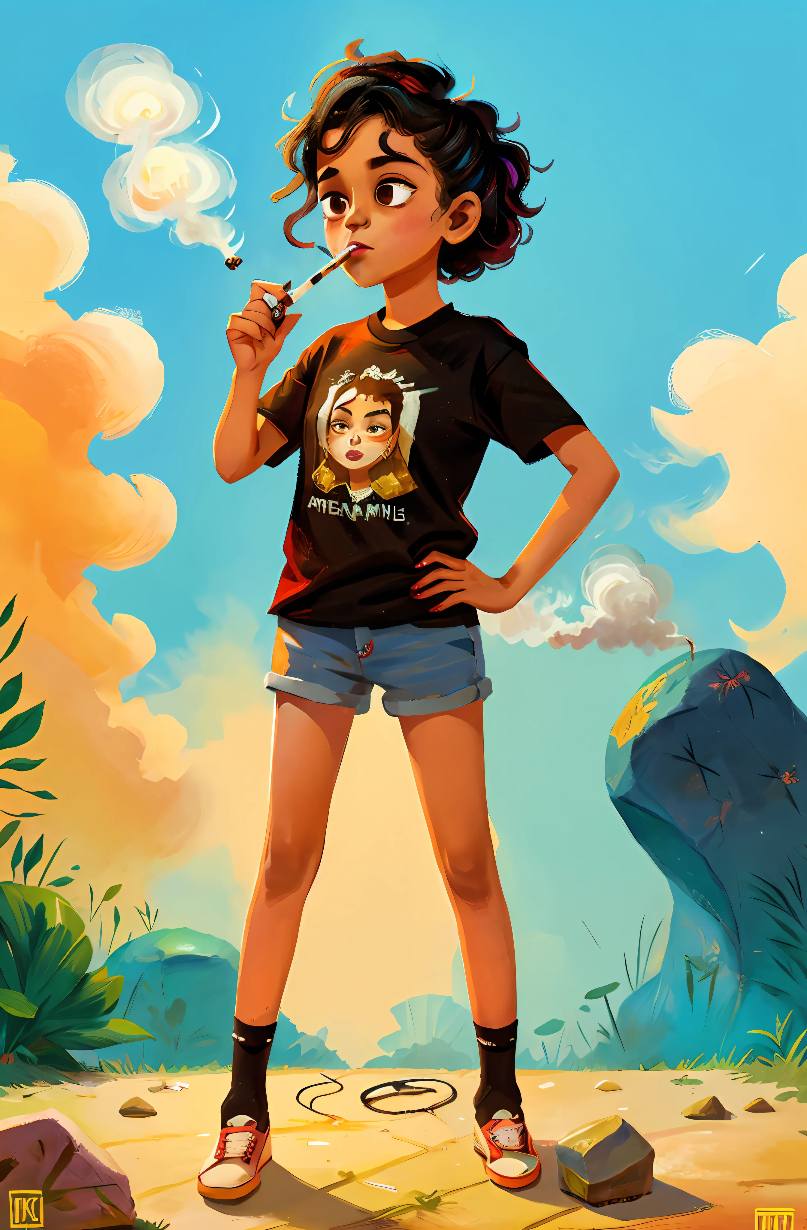 indian girl in tshirt, smoking a cigarette, cool, goth, band tshirt, rock