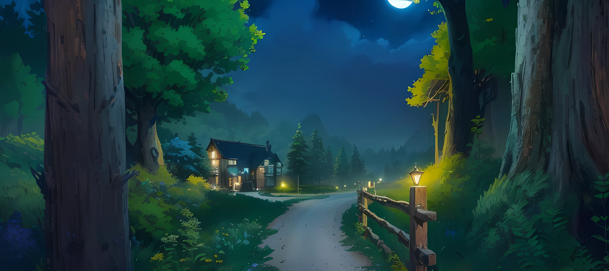In the woods there is a painting of a road with a house, nightime village background, background artwork, 2 D game art background, calm evening. Digital illustration, 2d game environment design, arte de fundo, anime countryside landscape, 2d game background, beautiful screenshot, scenery game concept art, random background scene, nighttime nature landscape, moonlit starry sky environment