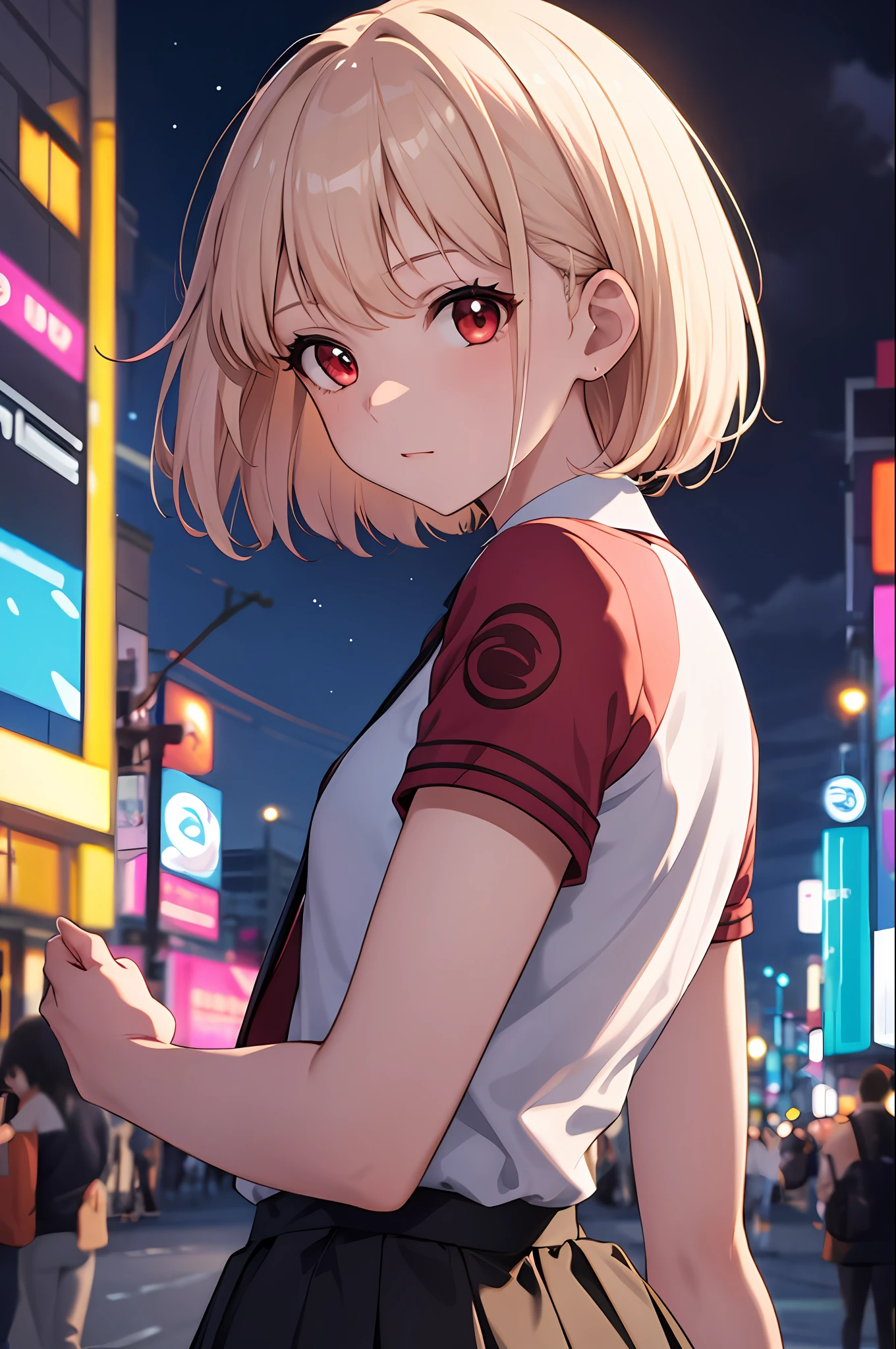 ((masterpiece)), (best quality),
official art, extremely detailed CG unity 8k wallpaper, highly detailed, shiny skin, Depth of field, vivid color,
1girl, (curvy:0.4), (full body:0.6),
short hair, bangs, red eyes, skirt, looking at viewer, night, street, neon, looking back, star \(sky\), crowd, upper body,