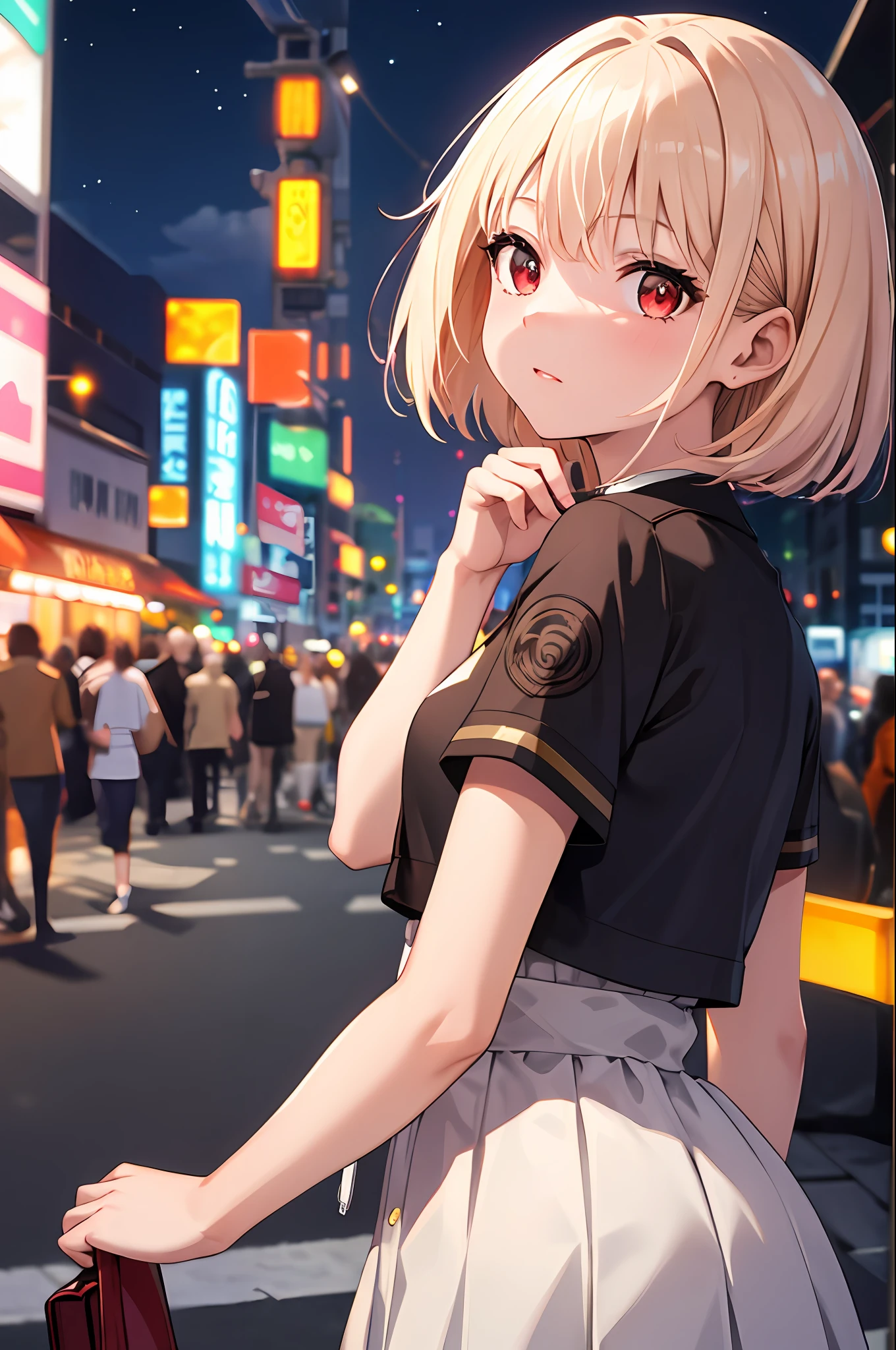 ((masterpiece)), (best quality),
official art, extremely detailed CG unity 8k wallpaper, highly detailed, shiny skin, Depth of field, vivid color,
1girl, (curvy:0.4), (full body:0.6),
short hair, bangs, red eyes, skirt, looking at viewer, night, street, neon, looking back, star \(sky\), crowd, upper body,