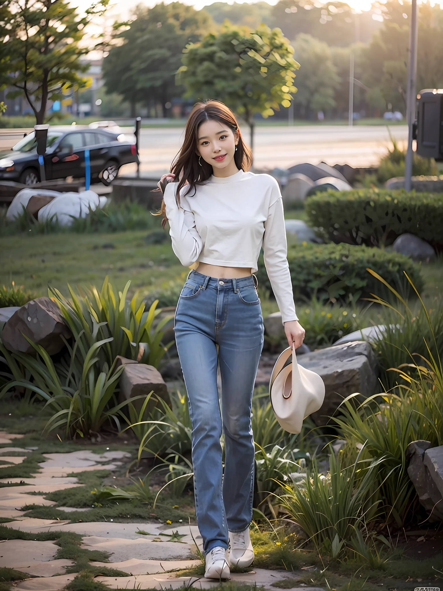 Araki woman in blue shirt and jeans standing in the field, korean women's fashion model, kawaii shirt and jeans, casual clothing style, lee ji eun, Lee Ji-eun, inspirado por Kim Jeong-hui, skinny waist and thick hips, casual modern clothing, full body cute young lady, standing in grassy field, modern casual clothing,A sweet smile,Coquettish pose