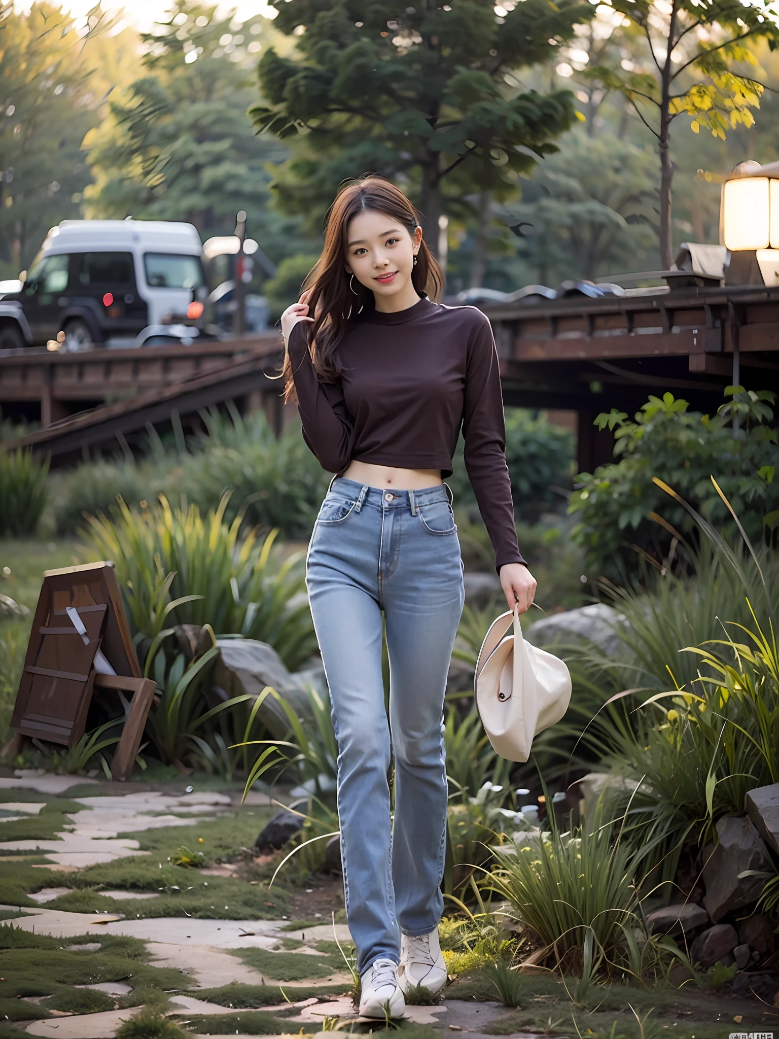 Araki woman in blue shirt and jeans standing in the field, korean women's fashion model, kawaii shirt and jeans, casual clothing style, lee ji eun, Lee Ji-eun, inspirado por Kim Jeong-hui, skinny waist and thick hips, casual modern clothing, full body cute young lady, standing in grassy field, modern casual clothing,A sweet smile,Coquettish pose