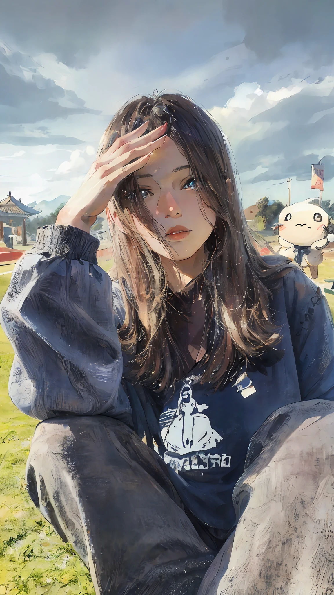 Close-up of a girl sitting on the playground，Beautiful figure painting in Guvez style artwork，white-haired god，Epic and beautiful character art，Stunning character art，Guvitz at the Pixiv Art Station
