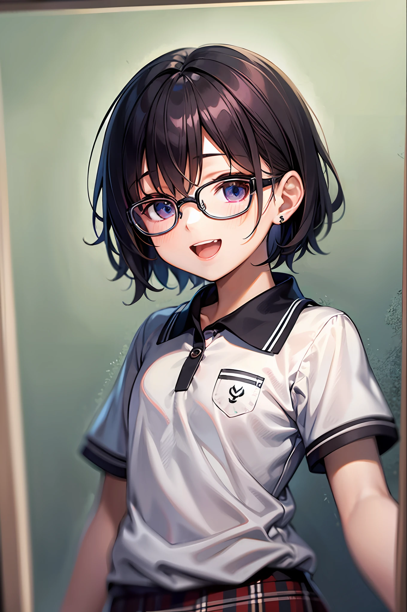 top-quality、超A high resolution、13yo girl、Short hair、Dark hair、hair adornments、eye glasses、closing eye、:D、Infant body type、Short sleeve polo shirt、plaid skirts