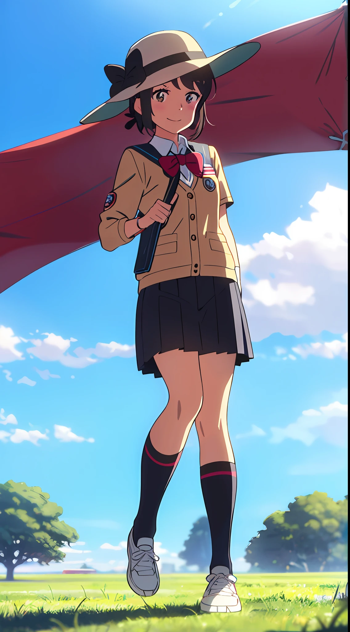 shinkai makoto, kimi no na wa., 1girl, bangs, black hair, blue sky, blush, brown eyes, cloud, collared shirt, headband, looking at the viewer, Negative Space, Outdoor, outside, bright, brown headband, brown ribbon, school, scout uniform, scout, shirt, bonny hat, brown bonny hat, scout bonny hat, short hair, sky, smile, solo, women's watch, brown shirt, chocolate skirt, mid-socks, black socks, red sneakers, full body, flag, holding the flag, cowboy shot