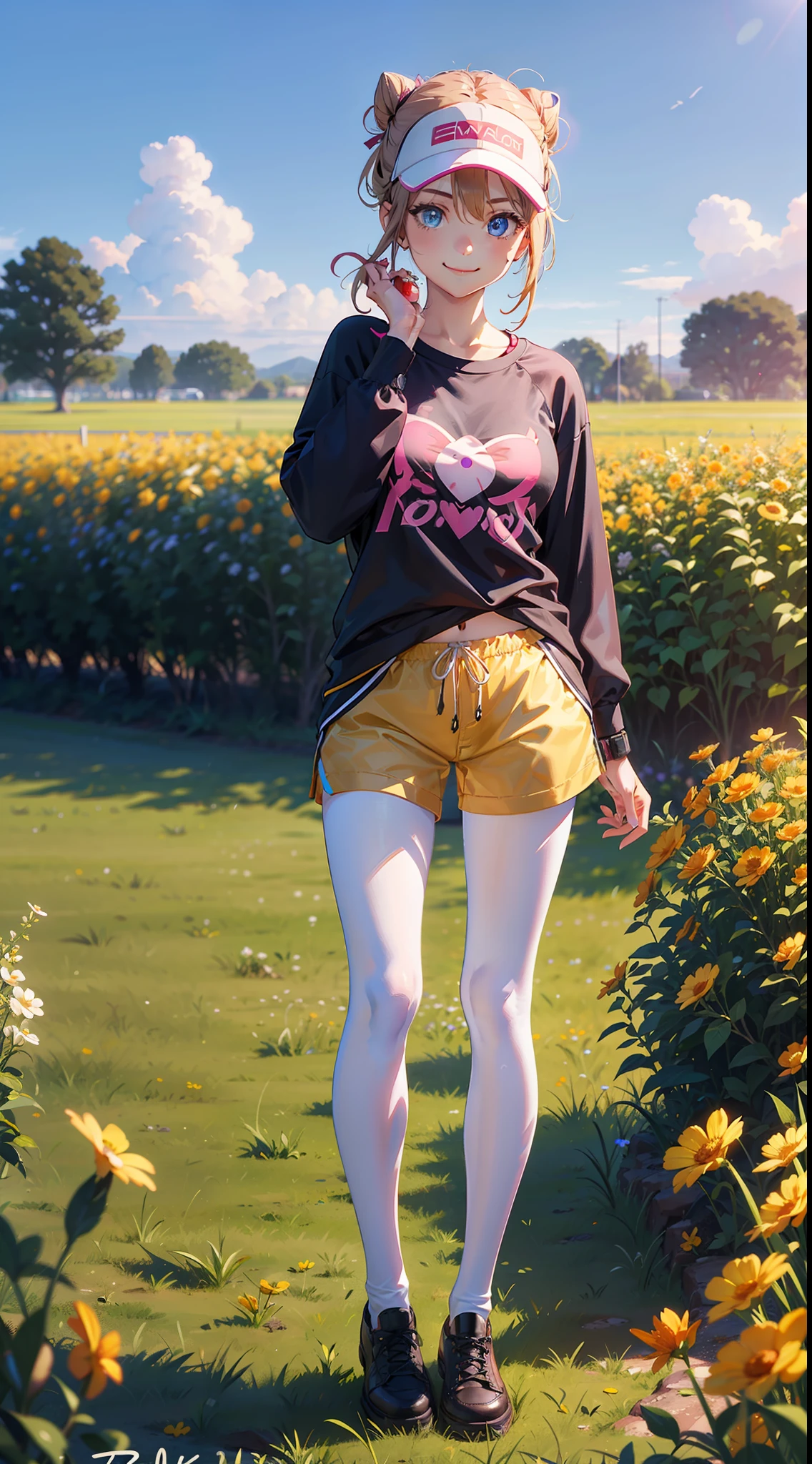 full body,ro1, hair bun, blue eyes, twintails, visor cap, pantyhose, raglan sleeves, full body,yellow shorts, shirt, pink bow, wristwatch,, standing,field, poke ball \(basic\), smile,realistic,3d,1girl, flowers, standing,