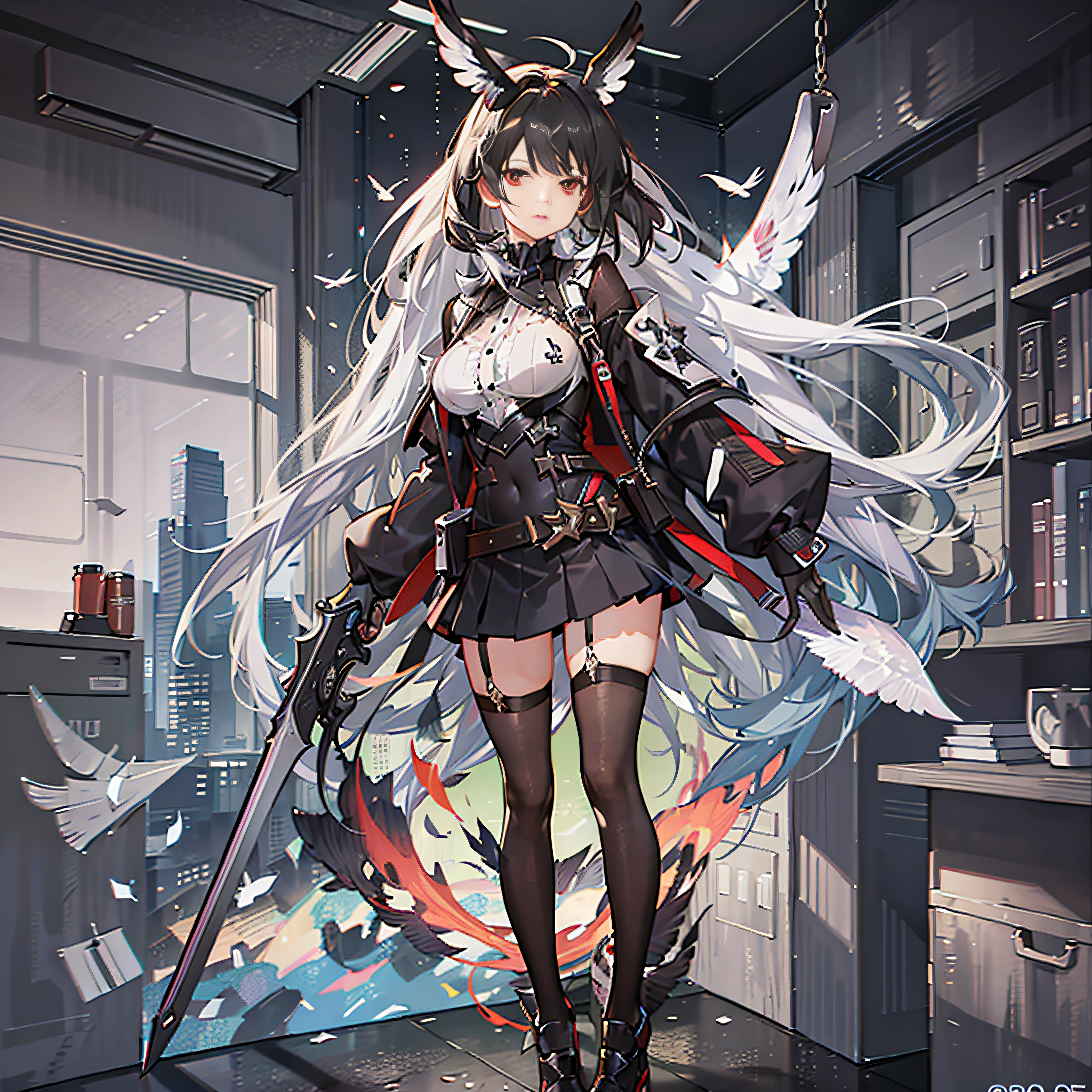 whaite hair, long whitr hair, Red eyes, angelicales, teens girl, cat ear, (Long-handled weapon:1.5), Black jacket with blue shirt, short  skirt, White sneakers, white short socks,( Black wings:1.8), crosses, Compassionate people Ultra HD, retinas, Masterpiece, ccurate, Textured skin, Anatomically correct, Super detail, Award-Awarded, Best quality, High details, High quality, A high resolution, 8K，Masterpiece，Best quality，illustration，Extremely detailed CG unifies 8K, 8K, Diamond, and wallpaper，created by famous artists，large-scale masterpiece Digital art，Detailed manga illustrations，Ultra-detailed，finely detailed，A high resolution，stunning art，intricately details，Beautifully painted，1girll，Solo，Full body like，standing on your feet