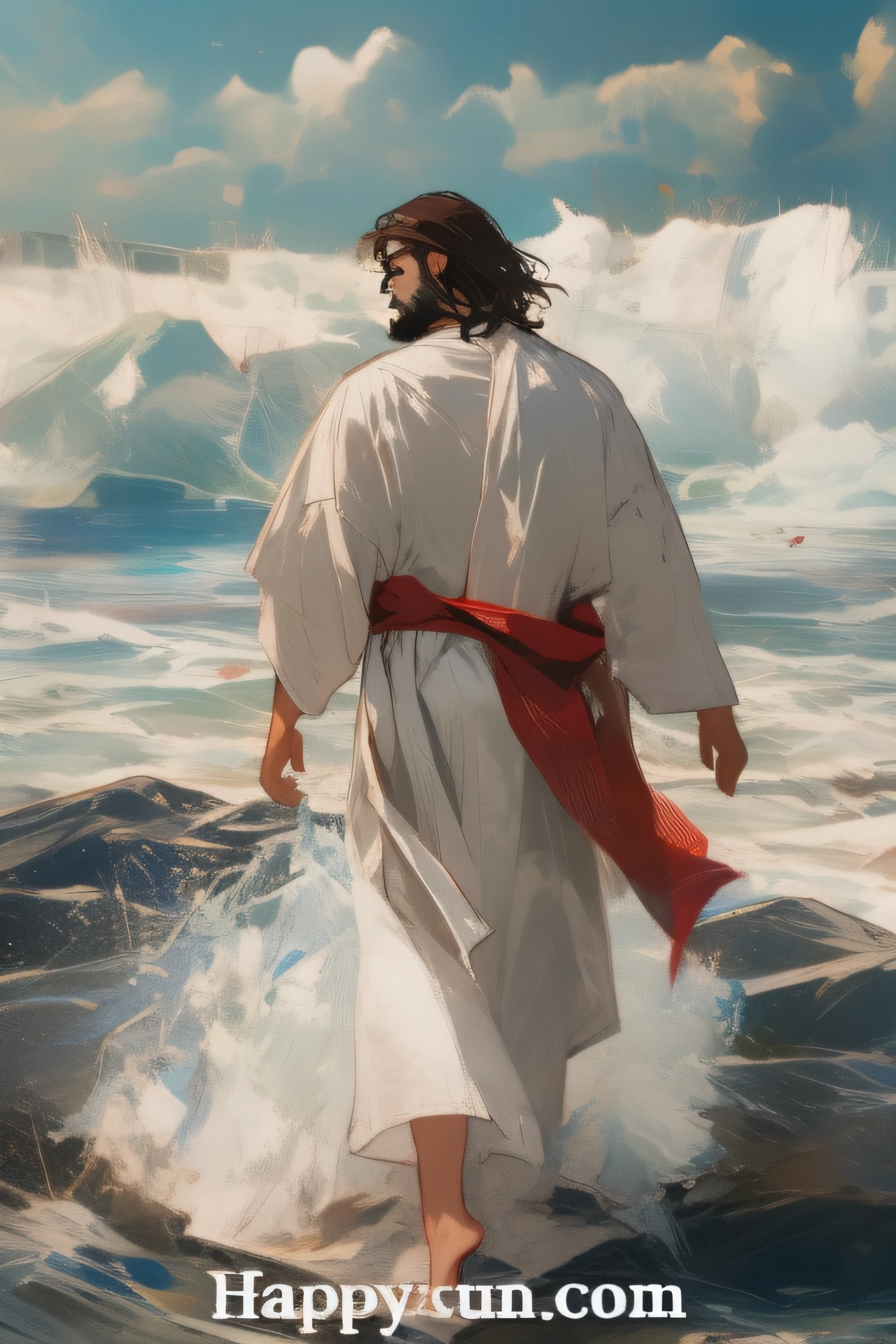 A man with short hair and a beard，Wearing a white robe and a red shawl，Jesus