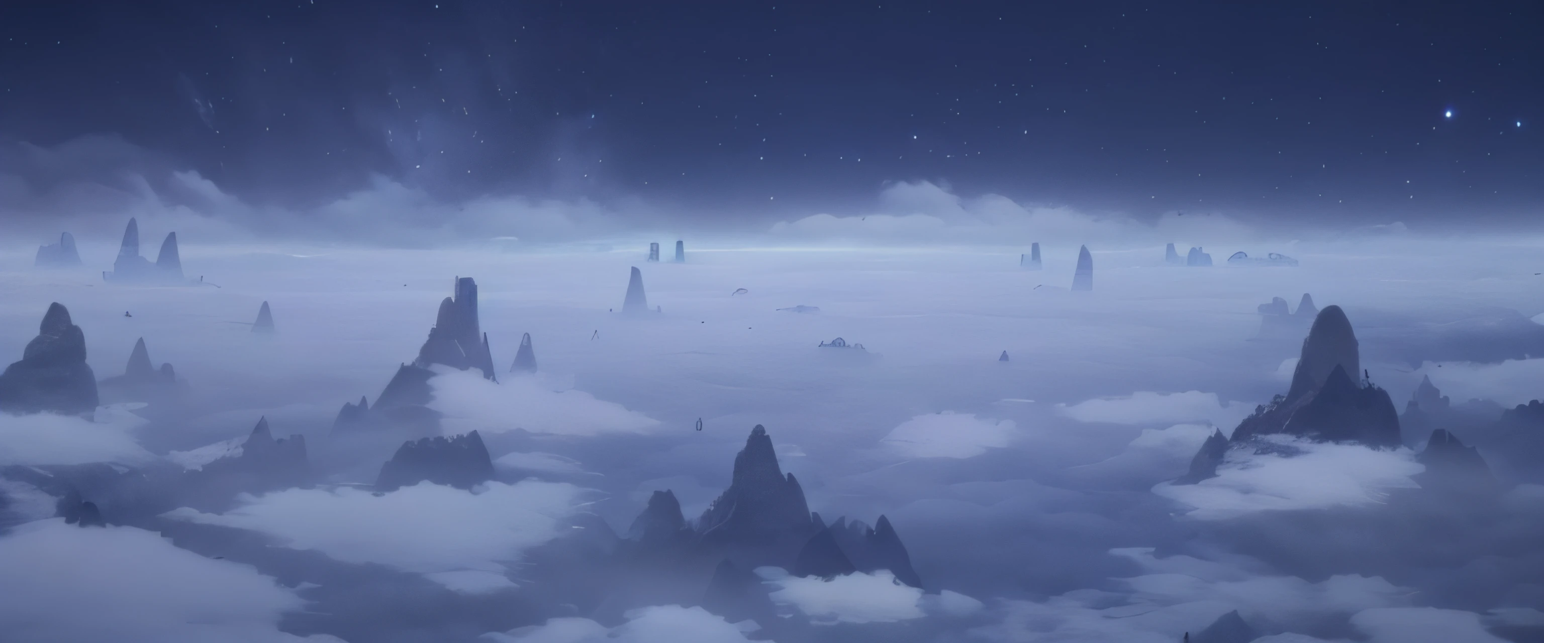 There is a picture of a large group of mountains in the sky, volumetric clouds and fog, Atmospheric fantasy sky, avatar landscape, Floating mountains, floating lands in-clouds, ethereal landscape, upon the clouds, anime landscape wallpapers, wlop and RHADS, Misty clouds, dream like atmosphere 8k, matte painting arcane dota pixar, city in the clouds --auto