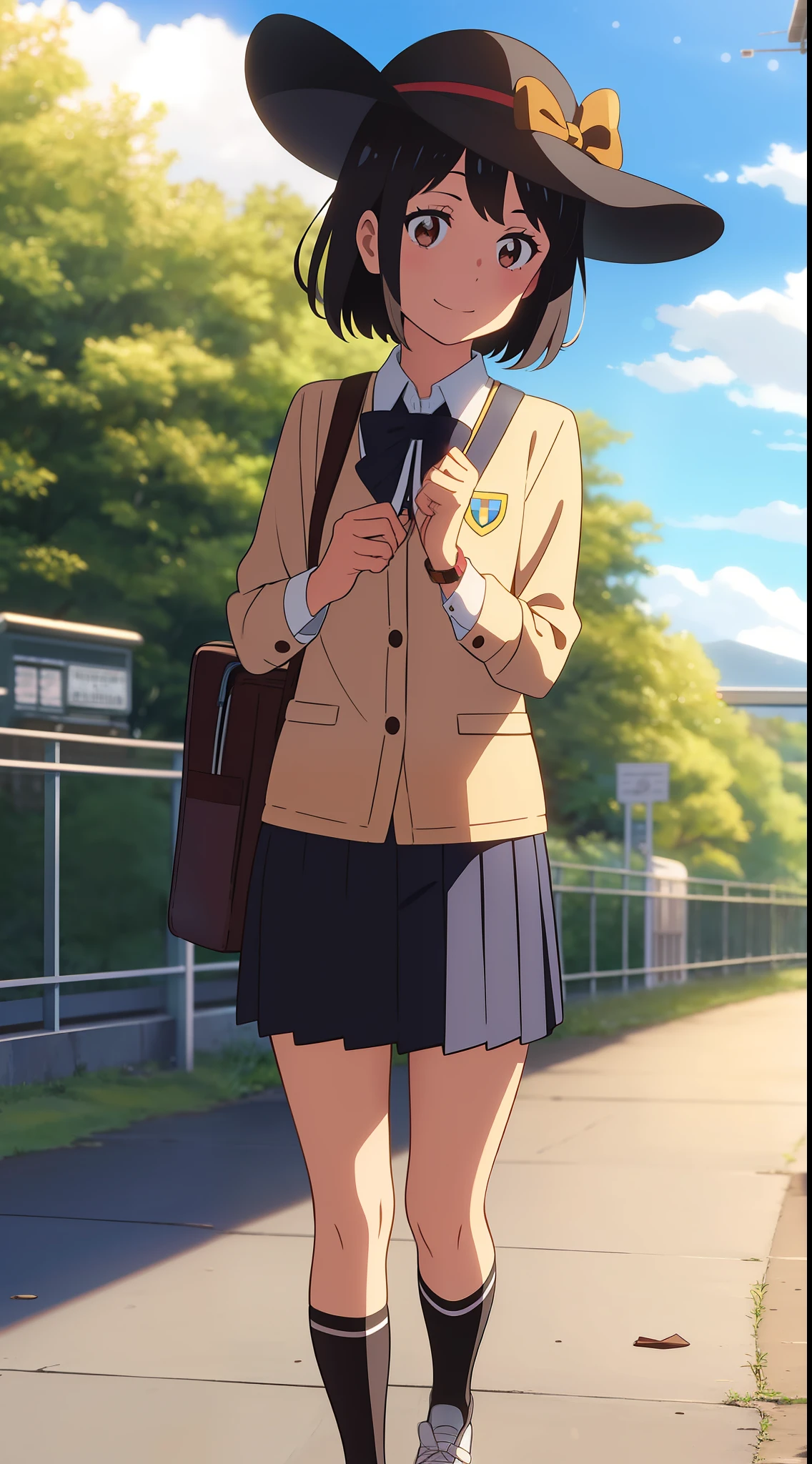 shinkai makoto, kimi no na wa., 1girl, bangs, black hair, blue sky, blush, brown eyes, cloud, collared shirt, headband, looking at the viewer, Negative Space, Outdoor, outside, bright, brown headband, brown ribbon, school, school uniform, scout, shirt, bonny hat, brown bonny hat, scout bonny hat, short hair, sky, smile, solo, women's watch, brown shirt, chocolate skirt, mid-socks, black socks, red sneakers, full body, flag, holding the flag, cowboy shot