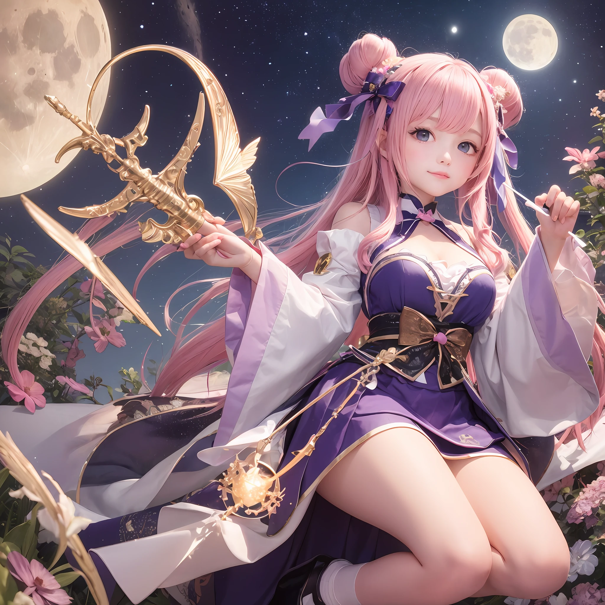 The upper part of the body、女の子1人、Pink hair、Bun hair、Large breasts、mansion、Purple Eye、Idol Uniform、bow ribbon、magical little girl、 magic wands、holding magic wand、Japan anime-style odd eye spell, I can see the moon, two hands, two legs