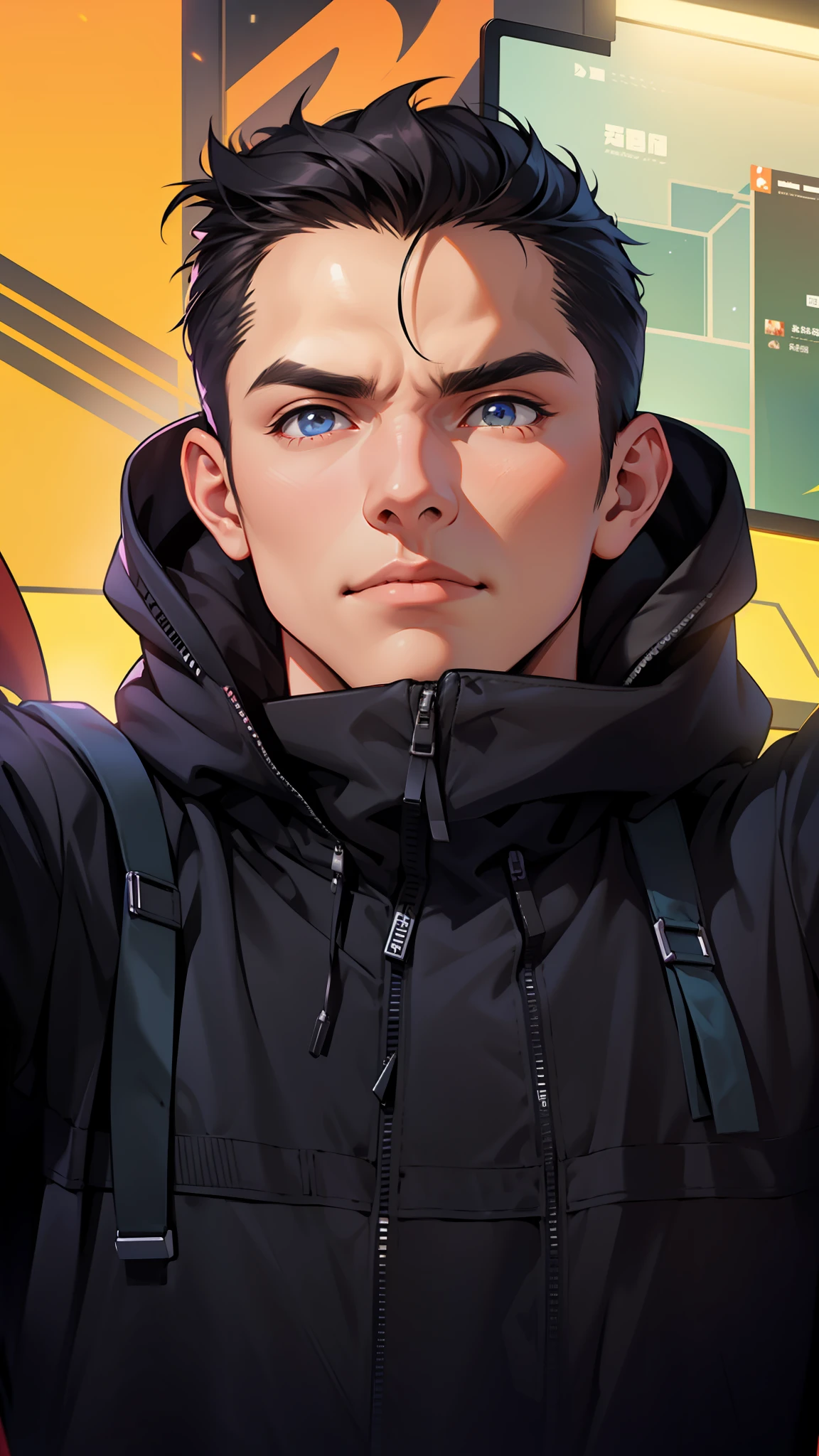 The two-dimensional atmosphere is strong,An esports expert with a sense of design,Heroic,The background is grand,Already beyond the screen,And full of aesthetic light。(cool guy:1.3),tmasterpiece