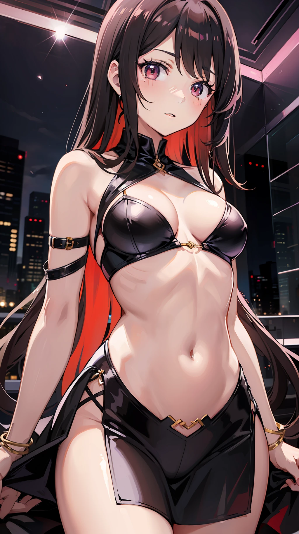 anime character with long hair posing in a club at night time, breasts, long hair, Brown eyes, dress, multiple girls, beautiful girl, looking at viewer, navel, solo focus,