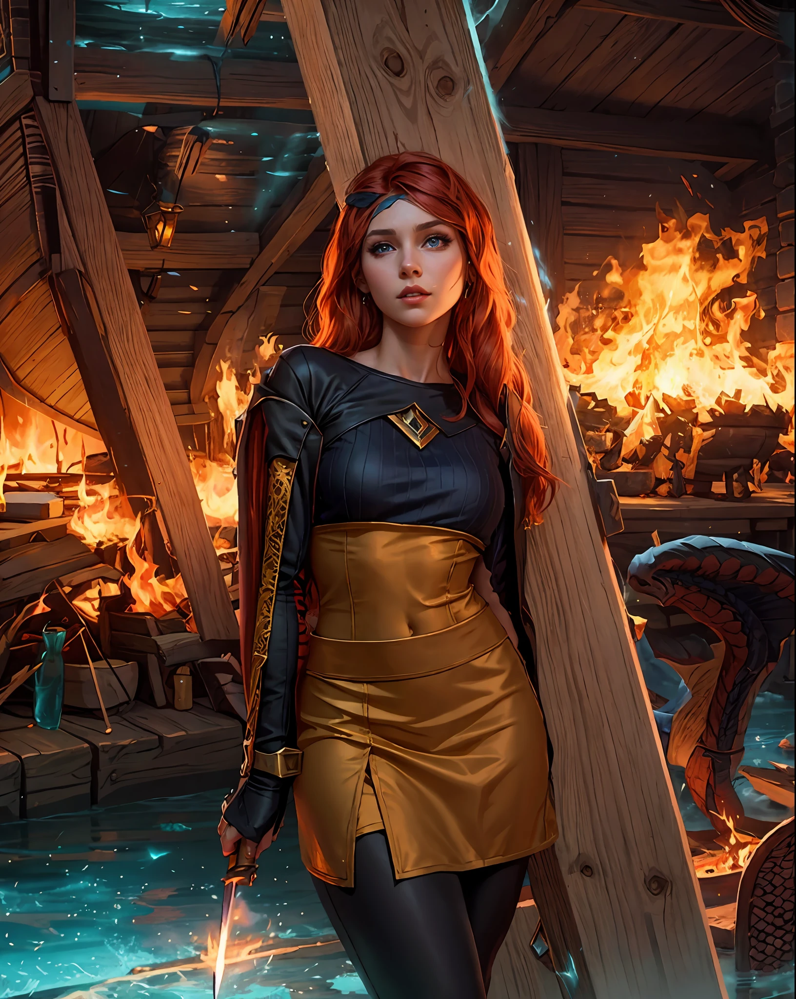 An outstanding beautiful white girl painting, firelight, flame surrounding, fire magic messenger, dota 2 fire girl style, ghost knife style, fire-like hair, long red hair, watery blue big eyes, thin waist, wide hips, mage robes, magic colors, World of Warcraft style, By Blizzard Entertainment, Ultra HD, 8K, real skin texture, best light, best shadow, Lina from dota2, action, wizarding world, Prone view, small mouth, small nose, big eyes, cute, full body, perfect body proportions, big sagging breasts, enhanced contrast, fire dragon as background, void fragments