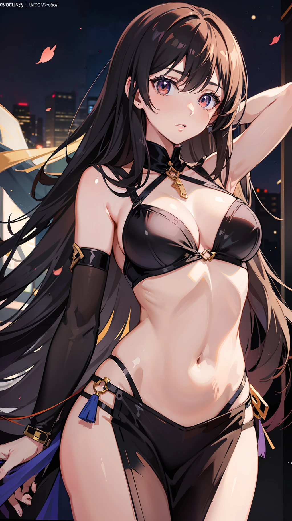anime character with long hair posing in a club at night time, breasts, long hair, Brown eyes, dress, multiple girls, beautiful girl, looking at viewer, navel, solo focus,