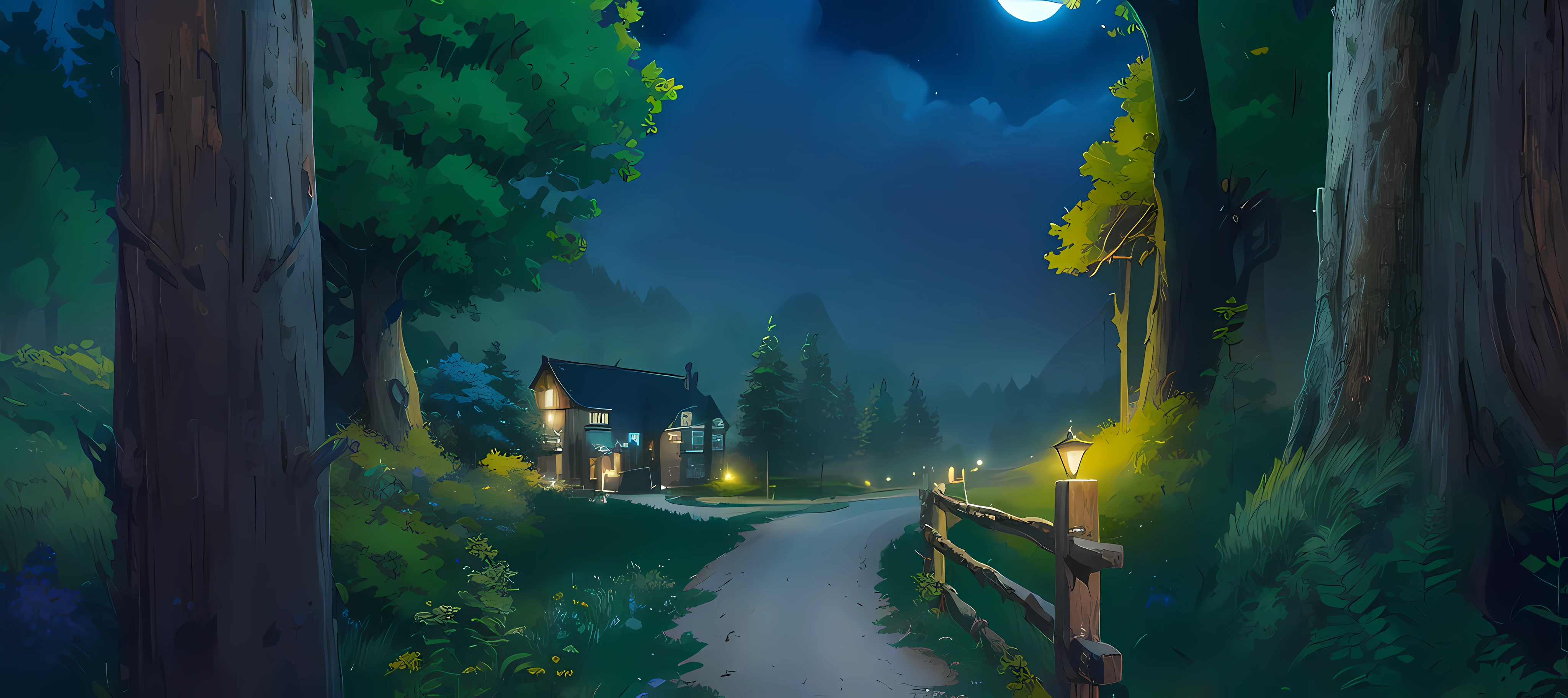 In the woods there is a painting of a road with a house, nightime village background, background artwork, 2 D game art background, calm evening. Digital illustration, 2d game environment design, arte de fundo, anime countryside landscape, 2d game background, beautiful screenshot, scenery game concept art, random background scene, nighttime nature landscape, moonlit starry sky environment