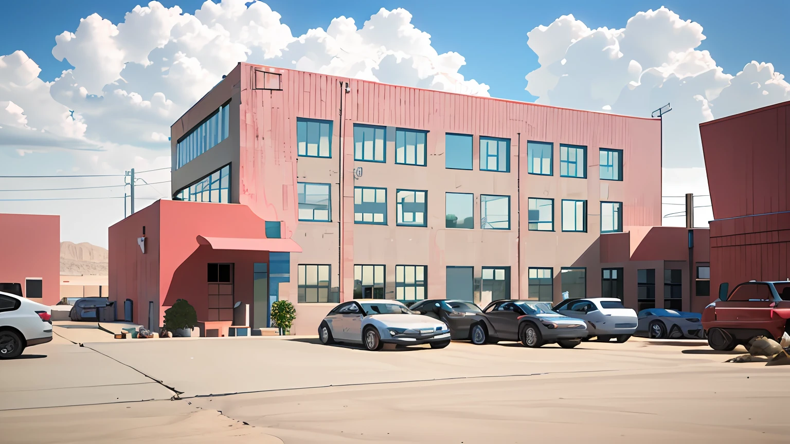 There were cars parked outside a building in the desert, sharp focus ilustration hq, sharp foccus ilustration hq, artstation hq, Commercial illustration, artstation hq”, realistic scene, Factory background, realistic establishing shot, Office building, rendered in arnold, semi - realistic render, rendered illustration, rendered in corona, hq render, realistic building, sharp hq rendering