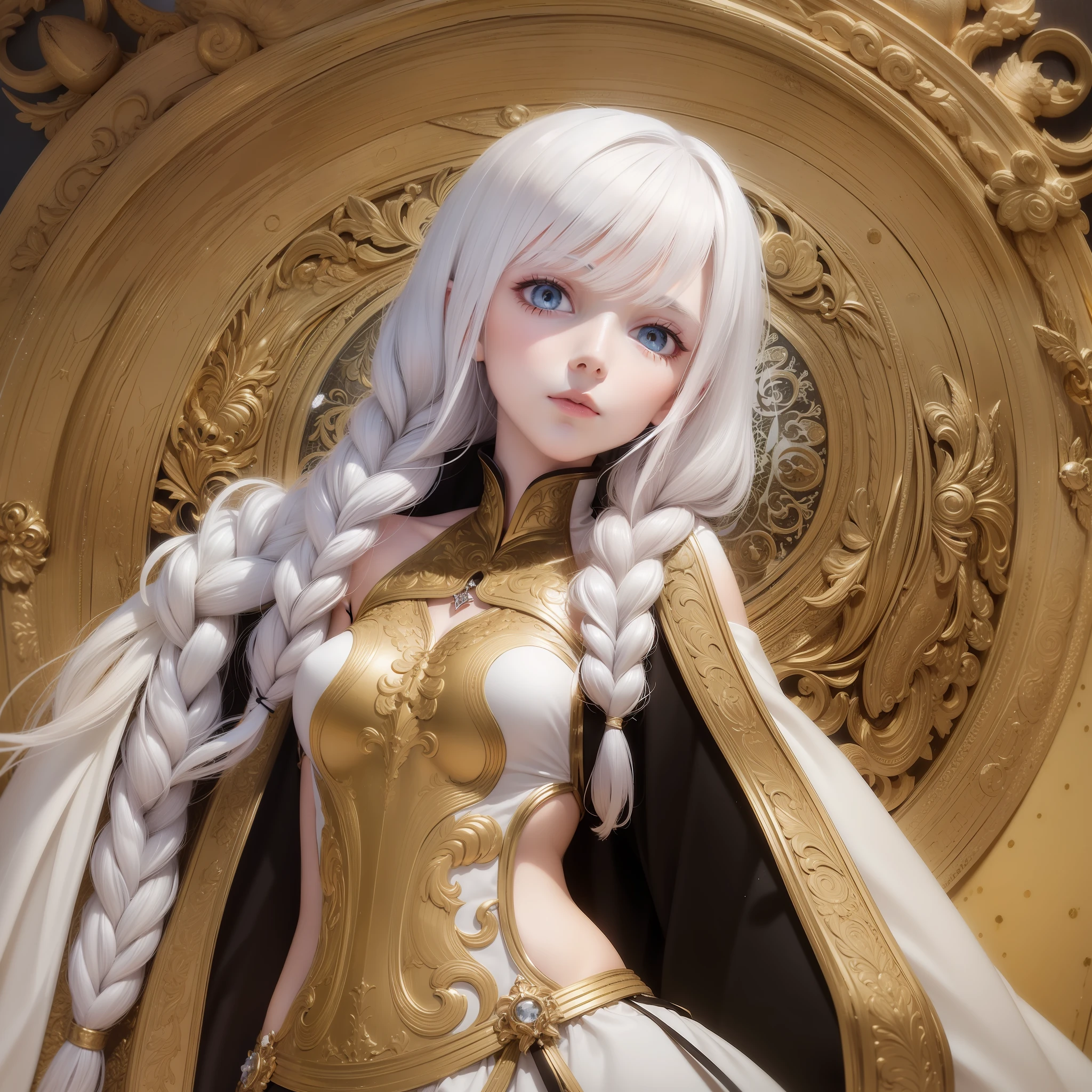 Manteau blanc，white skinned，whaite hair，long braid，Golden eyes，Look up，The upper part of the body，Need，tmasterpiece