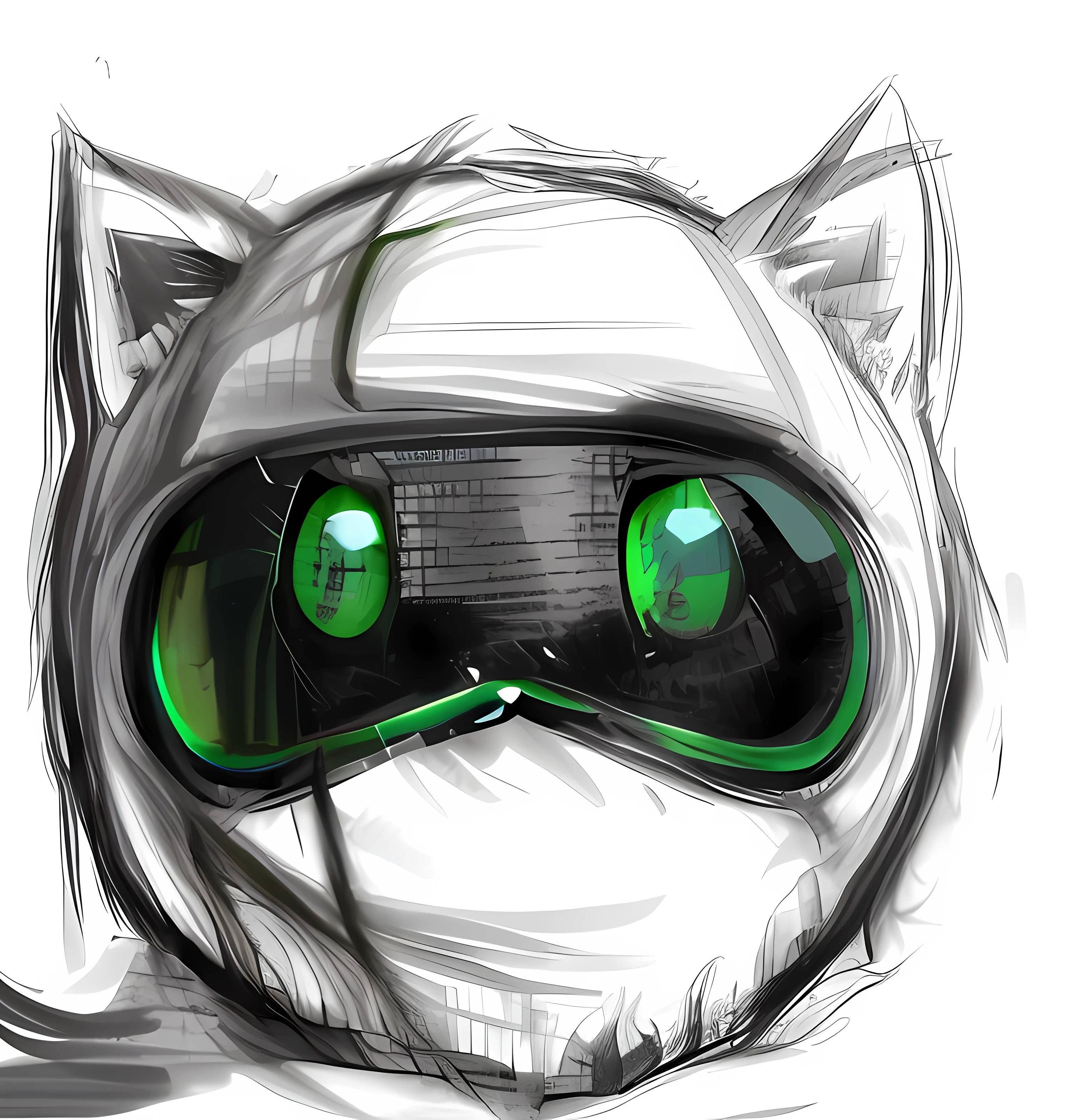 Close-up of a green-eyed cat, POV furry art, green glowing eyes, vrchat, unknown artstyle, green bulging eyes, Doodle, Green eyes!!!!, Sketchy, Green eyes!!!, large green eyes, furry paw pov art, anthropomorphic cat ninja, old sketch, Big green eyes, Green eyes, digital sketch