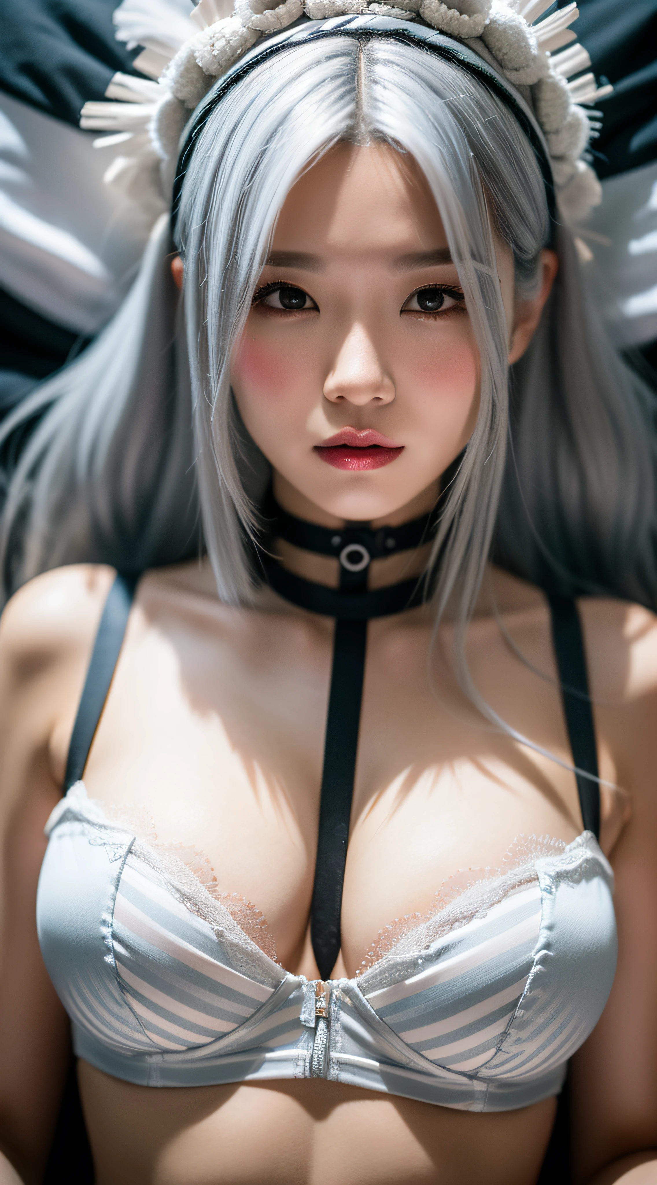 Striped hair, Silver hair, maid headdress, Cross-eyed, Evil, Evil, nose blush, Cinematic lighting, f/1.2, hyper photorealism, Cinematic lighting, f/1.2, Best quality, 16k, Masterpiece（Lie down in bed，spread their legs：1.2）Bra red