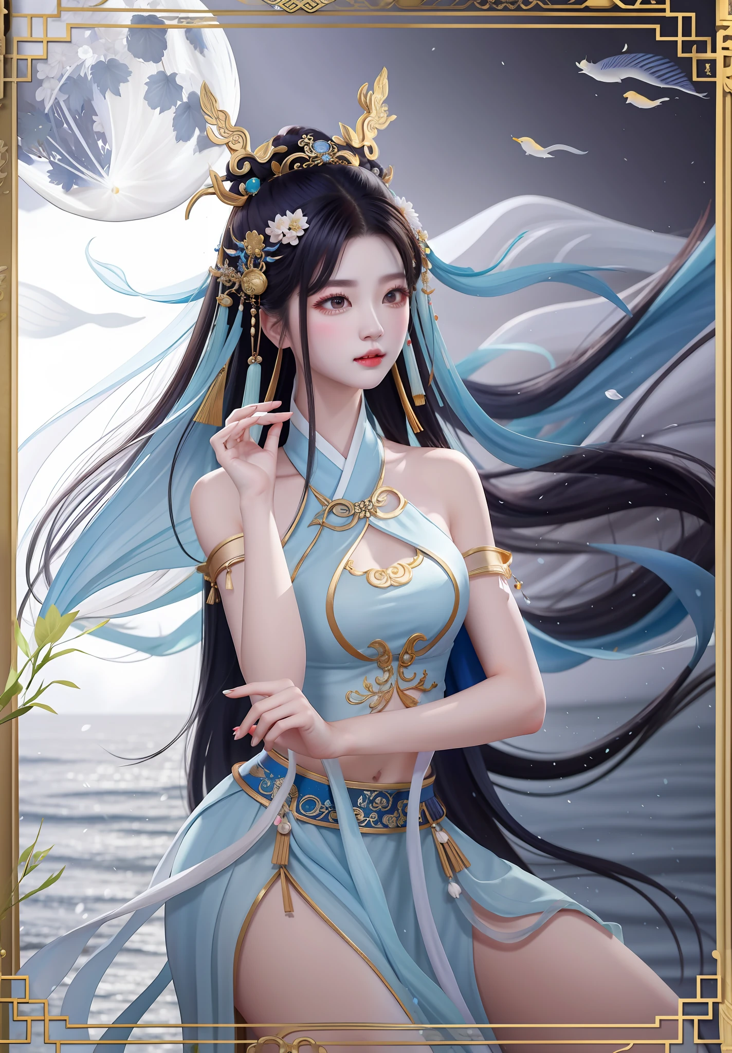 Woman in blue dress on full moon, inspired by Du Qiong, Inspired by Lan Ying, Beautiful character painting, full-body xianxia, queen of the sea mu yanling, Inspired by Qiu Ying, Inspired by Li Tang, inspired by Ju Lian, a beautiful fantasy empress, inspired by Zhao Zuo，There are no ornaments on the arms，Bare shoulders, Belly button legs，White legs