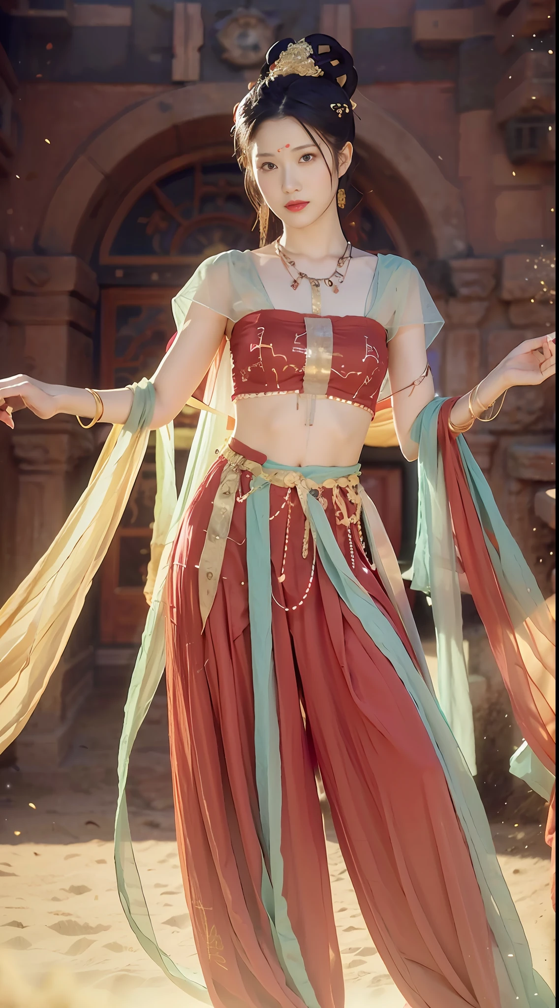 (8k, RAW photo, best quality, masterpiece:1.2), (realistic, photo-realistic:1.4), (extremely detailed CG unity 8k wallpaper), (1 girl:1.5), Western beauty, (Red clothes: 1.4), red spots on forehead, pale skin, blush, big eyes, full body, thighs, open navel, gold waist chain, gold jewelry, flying ribbons, particles, background is Loulan ancient city, ancient city wall, desert, dance, dunhuang_dress, dunhuang_style,