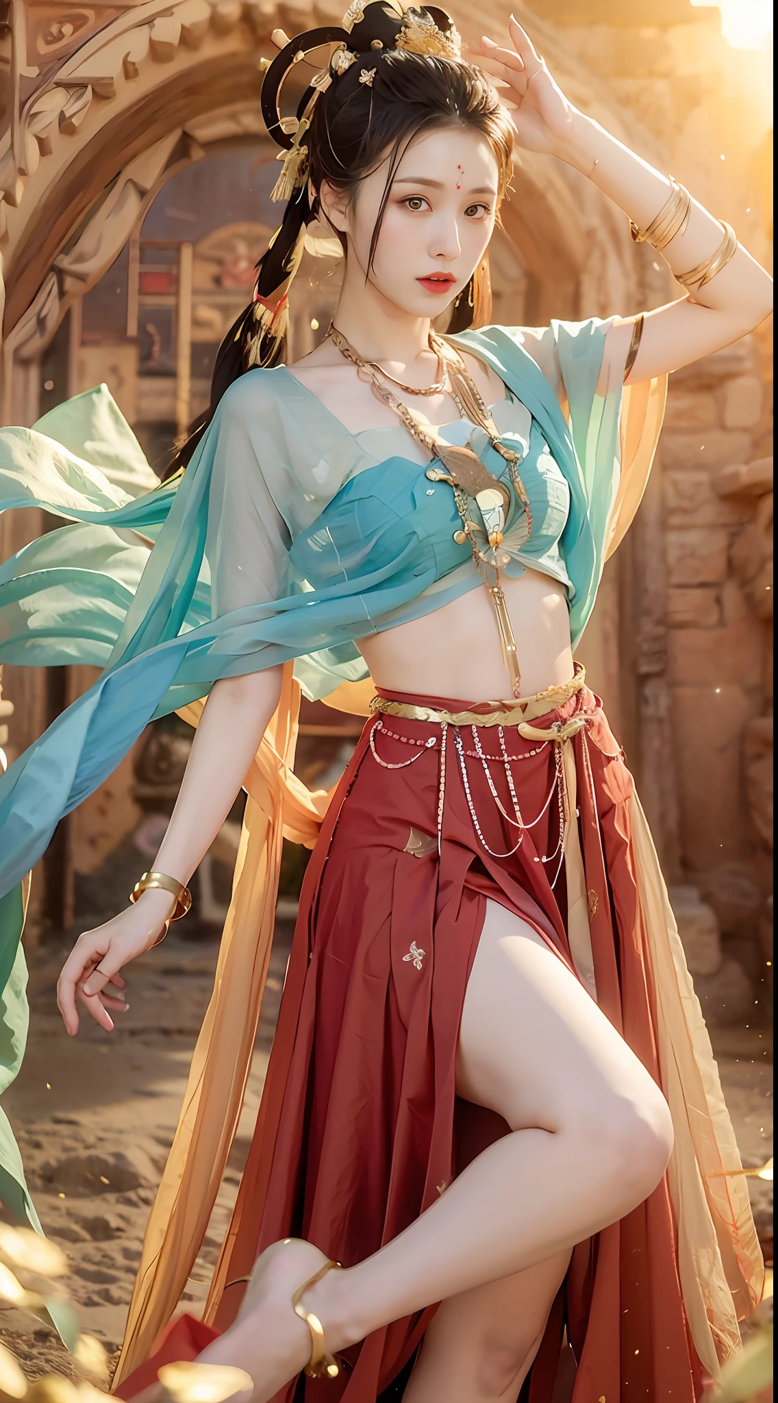 (8k, RAW photo, best quality, masterpiece:1.2), (realistic, photo-realistic:1.4), (extremely detailed CG unity 8k wallpaper), (1 girl:1.5), Western beauty, (Red clothes: 1.4), red spots on forehead, pale skin, blush, big eyes, full body, thighs, open navel, gold waist chain, gold jewelry, flying ribbons, particles, background is Loulan ancient city, ancient city wall, desert, dance, dunhuang_dress, dunhuang_style,