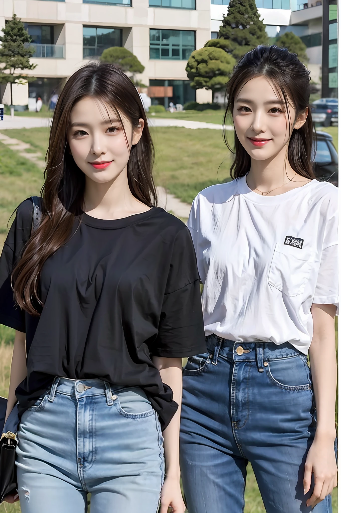 (best qualtiy:1.4),Complicated details,20 years old Korean girl,Wear a loose black T-shirt and skinny jeans,Stand on the grass and take pictures,Detailed meadow,A sweet smile,Ultra-realistic facial details,Coquettish pose,Slim and slender calves:1.2,Wear colorful canvas shoes:1.0,fully body photo:1.5