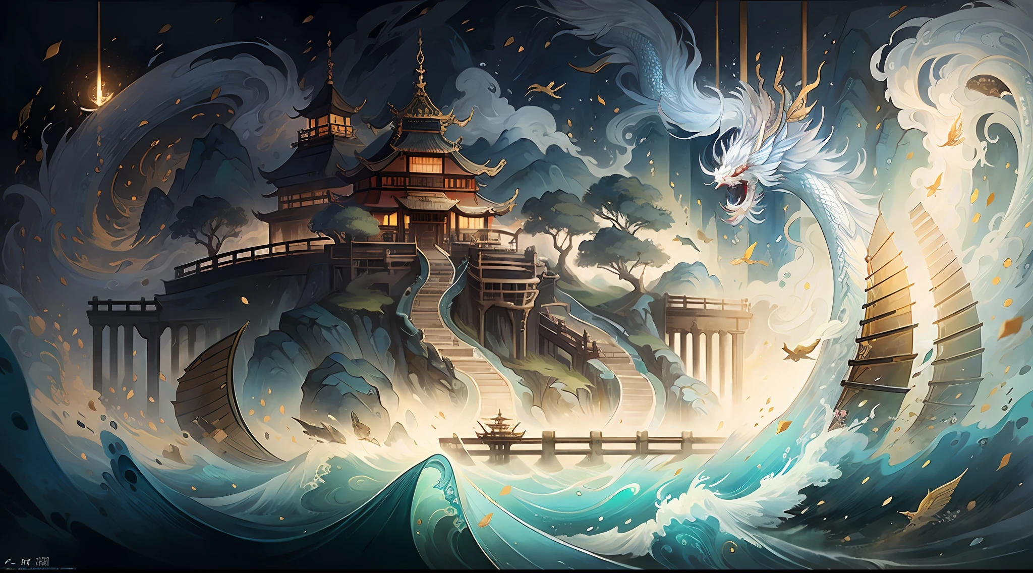 the sea,Immortal Island, the ocean, Auspicious clouds, Pavilion on the sea, A fishing village by the island,Small fishing boats at sea,Small ancient port,rays of sunshine,Goddess of heaven and white dragon, tmasterpiece, super detailing, Epic composition,Song dynasty, hyper HD, high qulity, extremely detaile, offcial art, 统一 8k 壁纸, super detailing, 32K