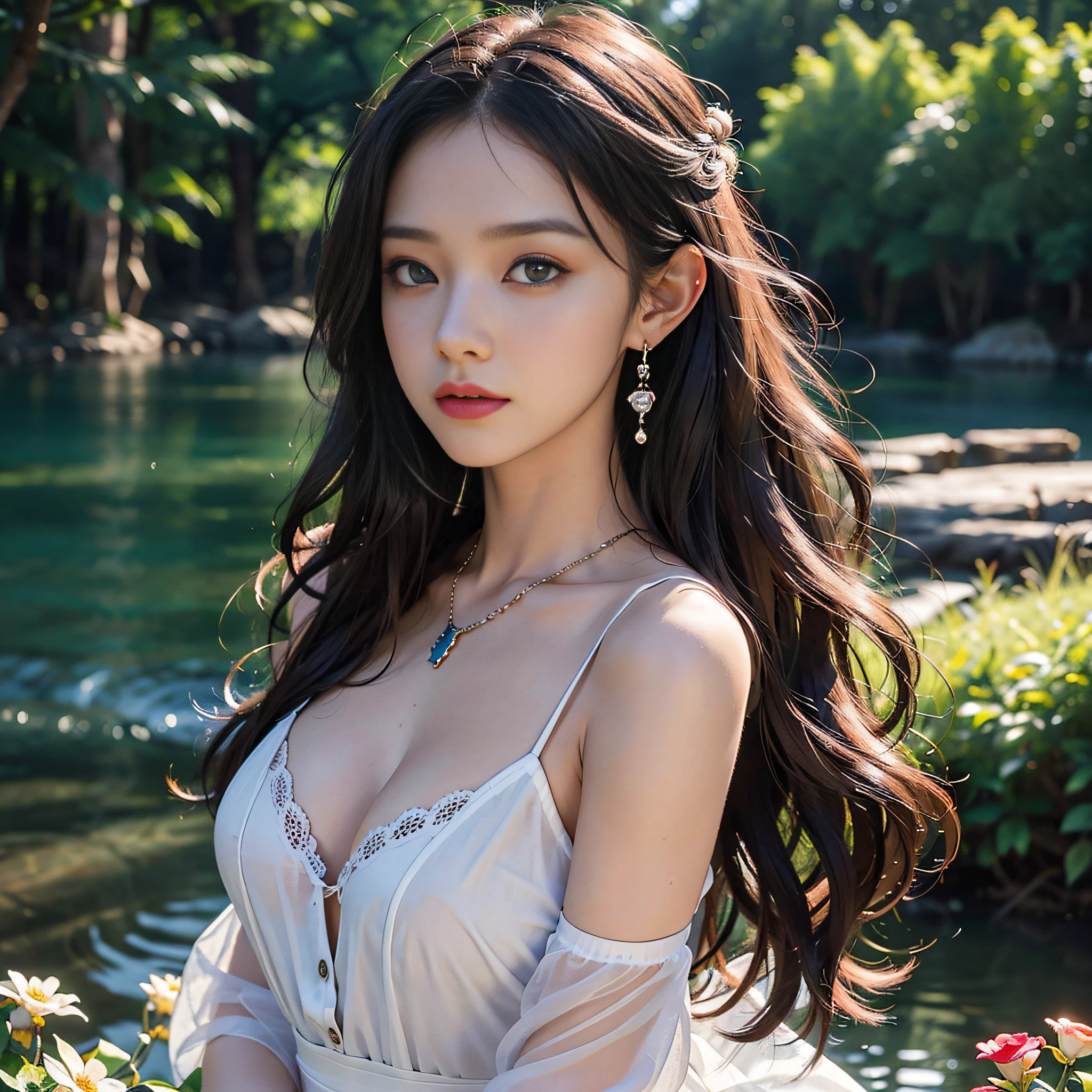 Best quality,masterpiece,ultra high res,(photorealistic:1.4),Detailed face, 1girl,solo,cleavage,full body,Beautiful girl,upper body,sheath,architecture, bush,day,dress,forest,fountain,garden,grass,long_hair,moss,nature,outdoors,overgrown,path,plant,road,scenery,stairs,star_\(sky\),tree,very_long_hair,((no humans)),