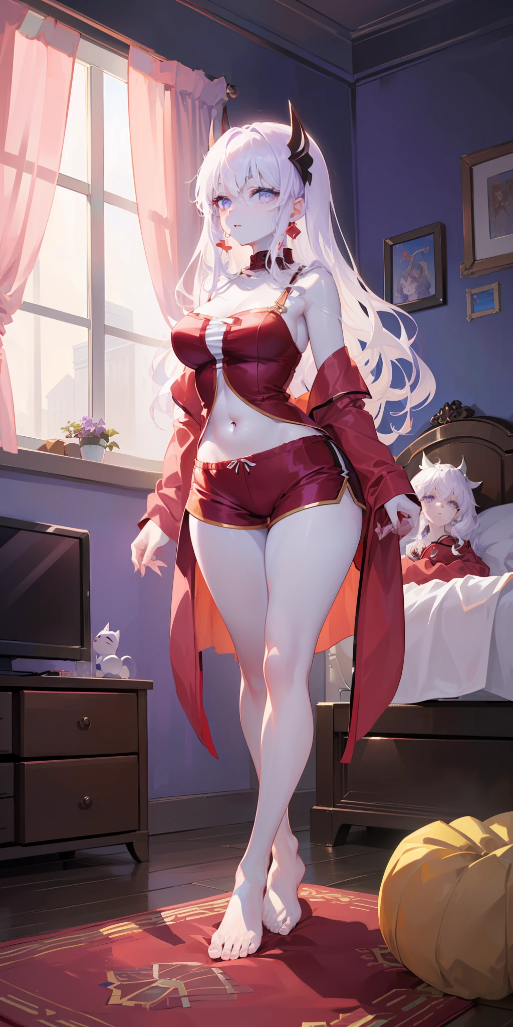 ((masterpiece)), ((best quality)), ((anime profile style)), ((HD 4k)), ((female anime character)), ((Rin Tohsaka character)), (( pale skin)), ((Beautiful body)), girl, female face, Happy, ((white mask on mouth)), ((Light lilac eyes)), Eyelid, Pupil, Sclera, Iris, eyebrow, eyelashes, ear of fox, nose, ((giant lilac hair)), ((fringe)), ((hair details)), ((light effects on hair)), ((Babydoll Pajamas Women's Sleepwear With Straps With Shorts - Red)), ((lights effect on clothes)), ((body lights effect)), neck, Shoulders, (thin waist), ((perfect belly)), arms, ((thick legs)), ( (big thigh)), ((background scenery)), ((in bedroom)), ((bed, window, TV, wardrobe, chest of drawers, rug)), ((lighting)), viewer view