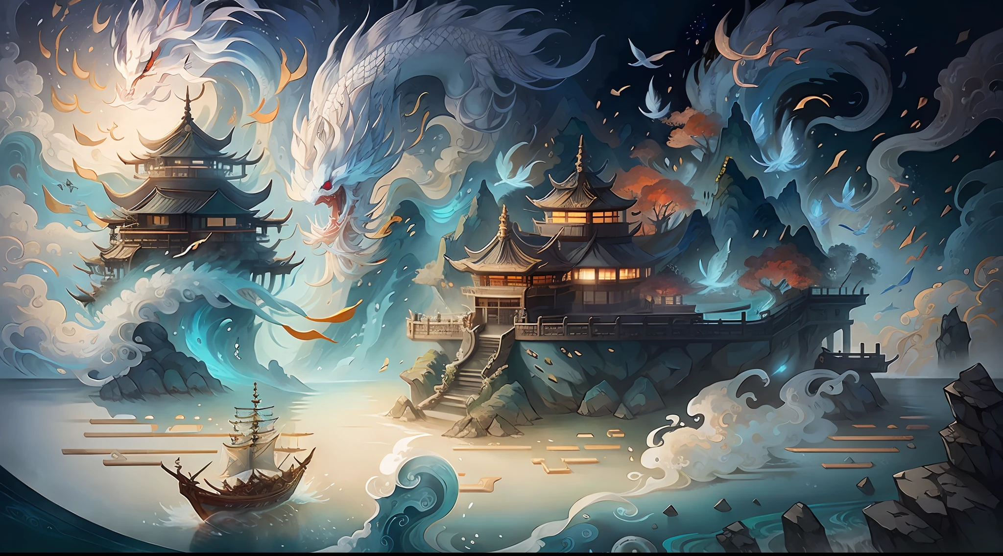 the sea,Immortal Island, the ocean, Auspicious clouds, Pavilion on the sea, A fishing village by the island,Small fishing boats at sea,Small ancient port,rays of sunshine,Goddess of heaven and white dragon, tmasterpiece, super detailing, Epic composition,Song dynasty, hyper HD, high qulity, extremely detaile, offcial art, 统一 8k 壁纸, super detailing, 32K