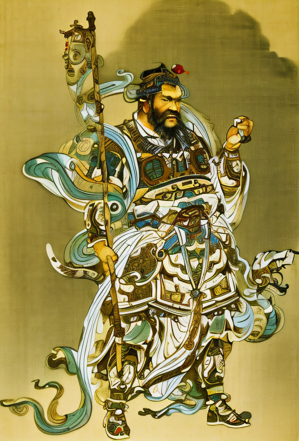 masterpiece, traditional_media, best quality, (realistic), Ancient China , 1 boy, Old General,Martial Arts,Weathered Face, Full-length Portrait,Military Commander, long beard,(armor), old, solo, very long beard, ribbon, cloud, smoke, sky,[dark-skinned male:0.5],Traditional Attire,Longevity,Traditional Brushwork,Traditional Brushwork,Historical Figure,Battle-hardened,Strength and Power, Historical Costume,Strategic Mind, Traditional Ink Painting ,