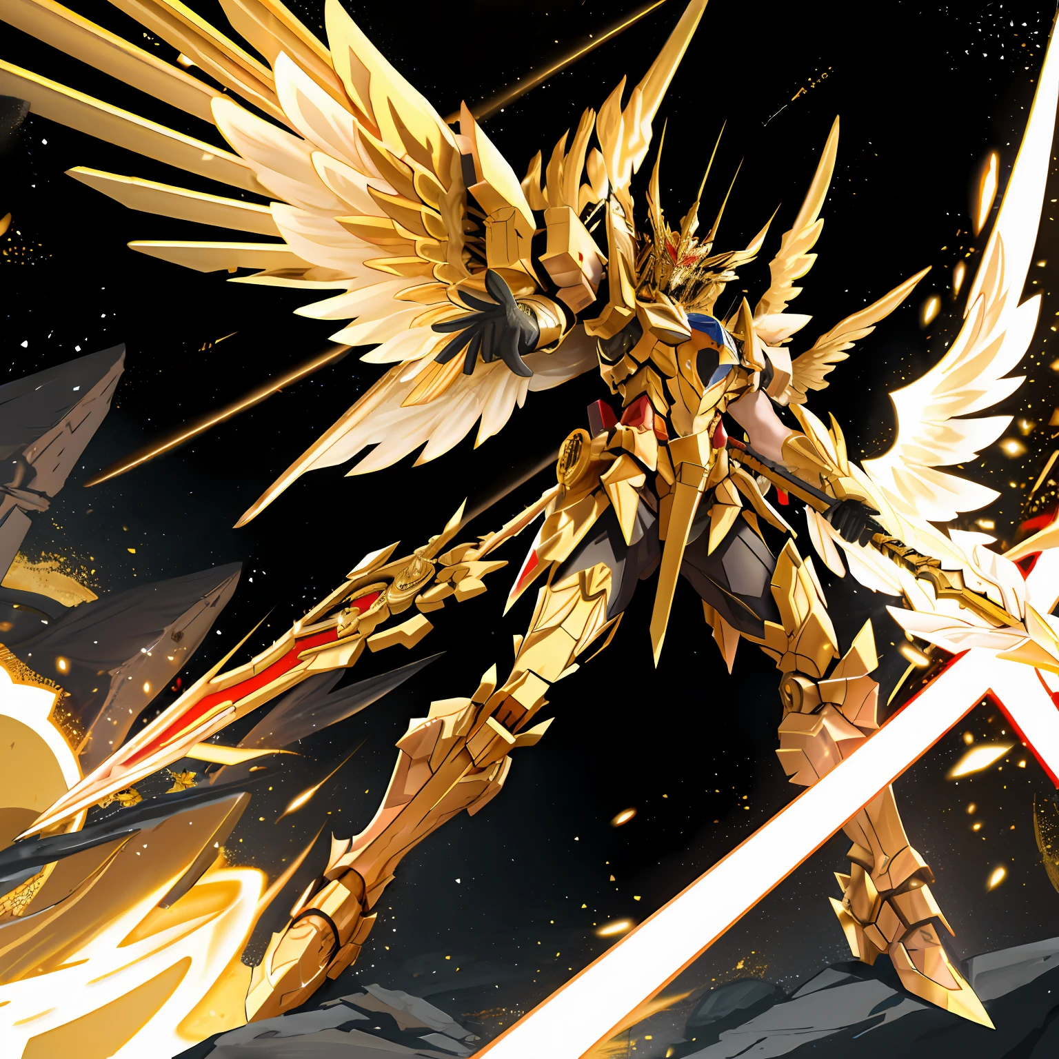 Light-winged golden large mech，In the universe，Holding a golden spear，There are six floating cannons behind him