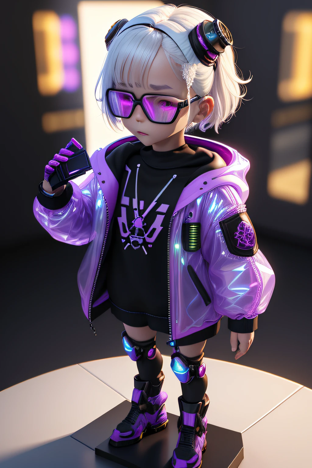 blind box,plastic toy,3D toys,IP model,A cute and stylish little girl, White hair, Wear tech goggles, Wear a holographic glowing translucent jacket, Holding a purple-glowing combat dagger in his hand, There are a lot of decorations on the clothes, Precision mechanical components, Glossy material, Cyberpunk, Futurism,Pixar,resin material,full body,full Shot,Simple background,display lighting ,volumetric lighting,3d,c4d,oc render,volume rendering,extremely detailed details,HDR,8K Resolution