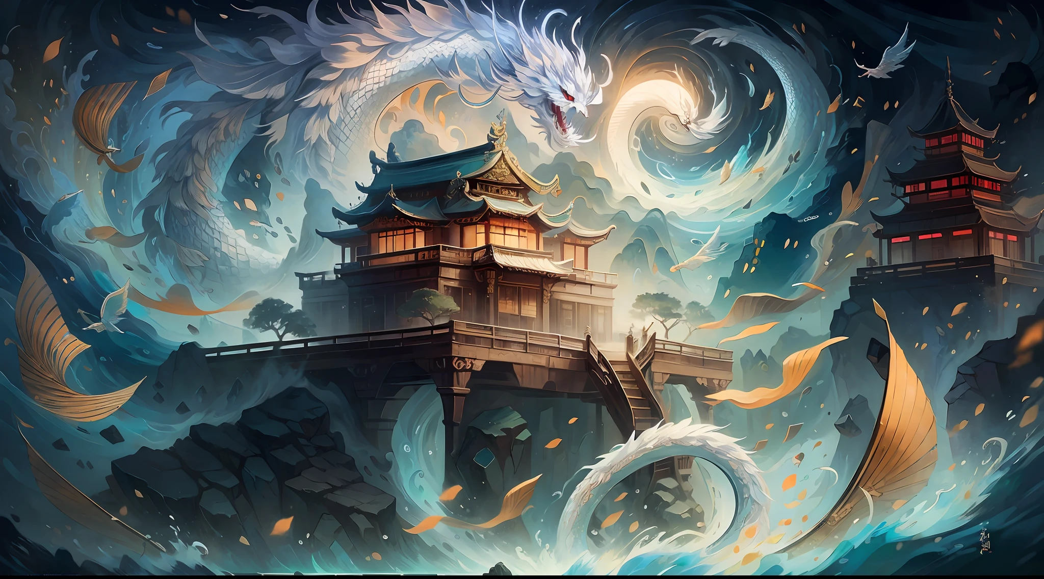 the sea,Immortal Island, the ocean, Auspicious clouds, Pavilion on the sea, A fishing village by the island,Small fishing boats at sea,Small ancient port,rays of sunshine,Goddess of heaven and white dragon, tmasterpiece, super detailing, Epic composition,Song dynasty, hyper HD, high qulity, extremely detaile, offcial art, 统一 8k 壁纸, super detailing, 32K