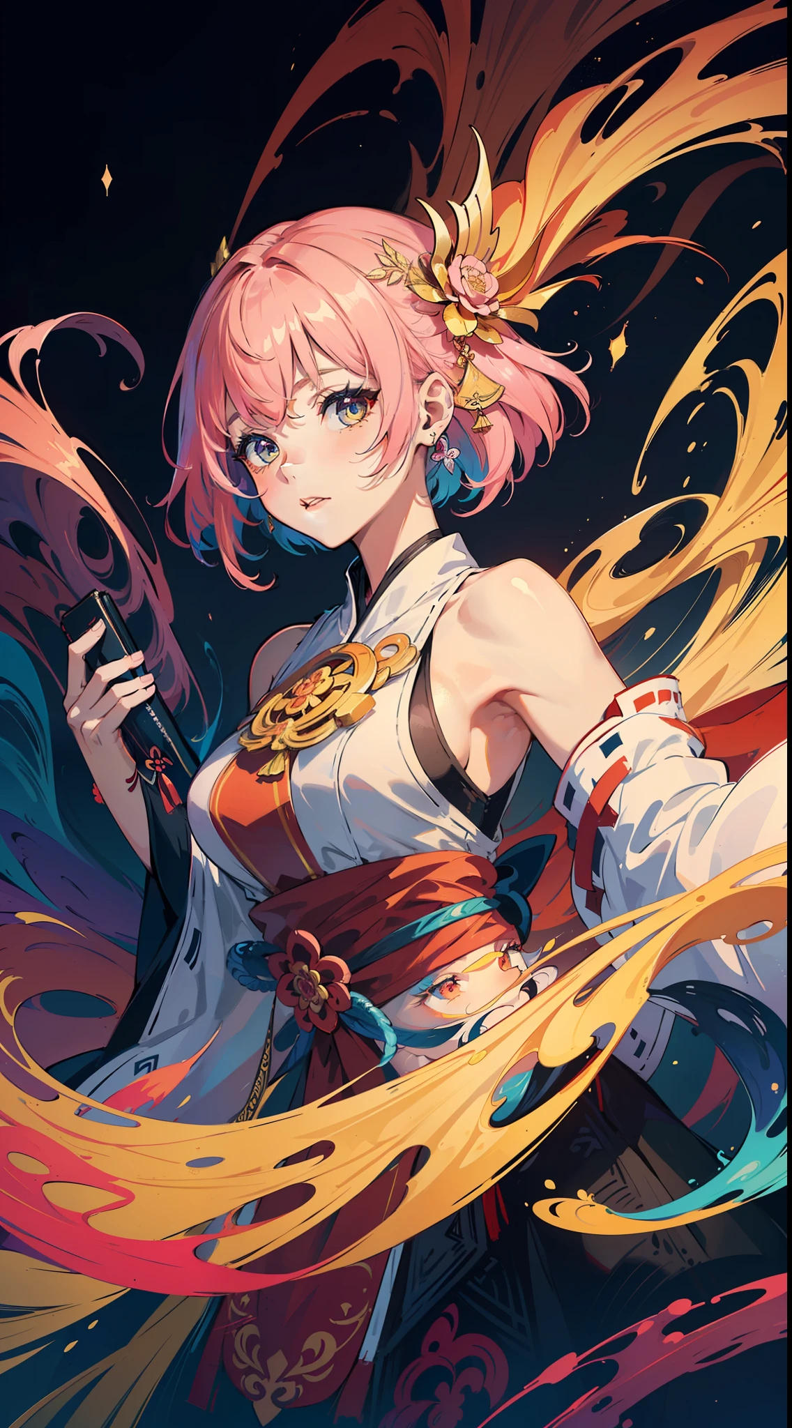 (masterpiece, top quality, best quality, official art, beautiful and aesthetic:1.2), (1girl:1.3), extremely detailed,(fractal art:1.2),colorful, highest detailed, (zentangle:1.2), (dynamic pose), (abstract background:1.5), (treditional dress:1.2), (shiny skin), (many colors:1.4), upper body, yae miko, pink hair, shine hair,