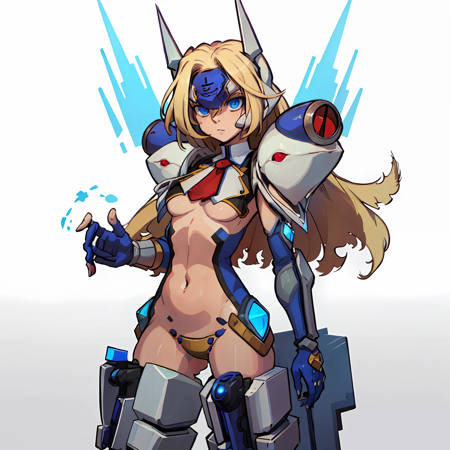 highres, absurdres, best quality, masterpiece, solo, 1girl, mu-12, blue eyes, blonde hair, long hair, medium breasts, forehead protector, revealing clothes, elbow gloves, mechanical legs, cowboy shot, robot ears,