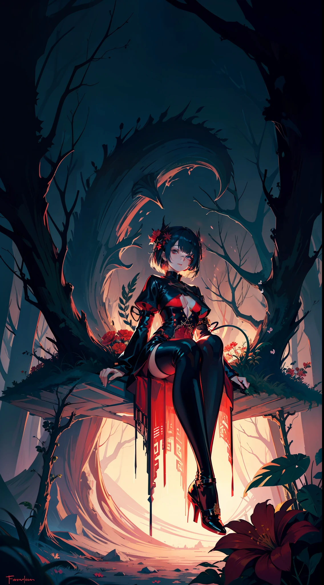 (fractal art:1.3), abstract art, mysterious fantasy,fantasy, (light theme:1.2), outdoors, forest, white background, deep red aesthetic, (glowing red:0.8), (sad, somber, depressing:0.6), 1girl, hair ornament, flowers, latex legwear, sitting, from below, focus,