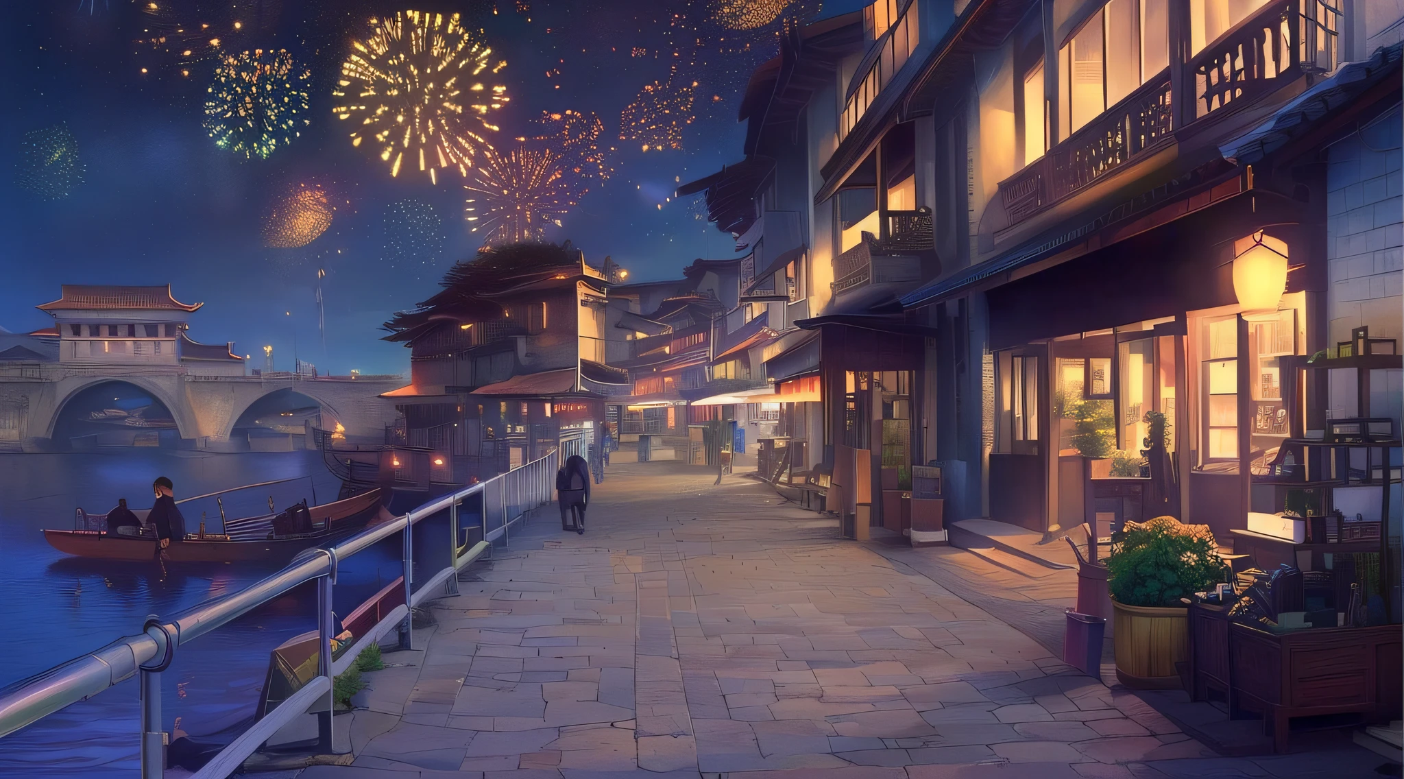 Fireworks lit on rivers and bridges, anime landscape concept art, Makoto Shinkai. —H 2160, (Makoto Shinkai), Rio de Janeiro in the animated film, a street in a bustling Chinese scenic area.