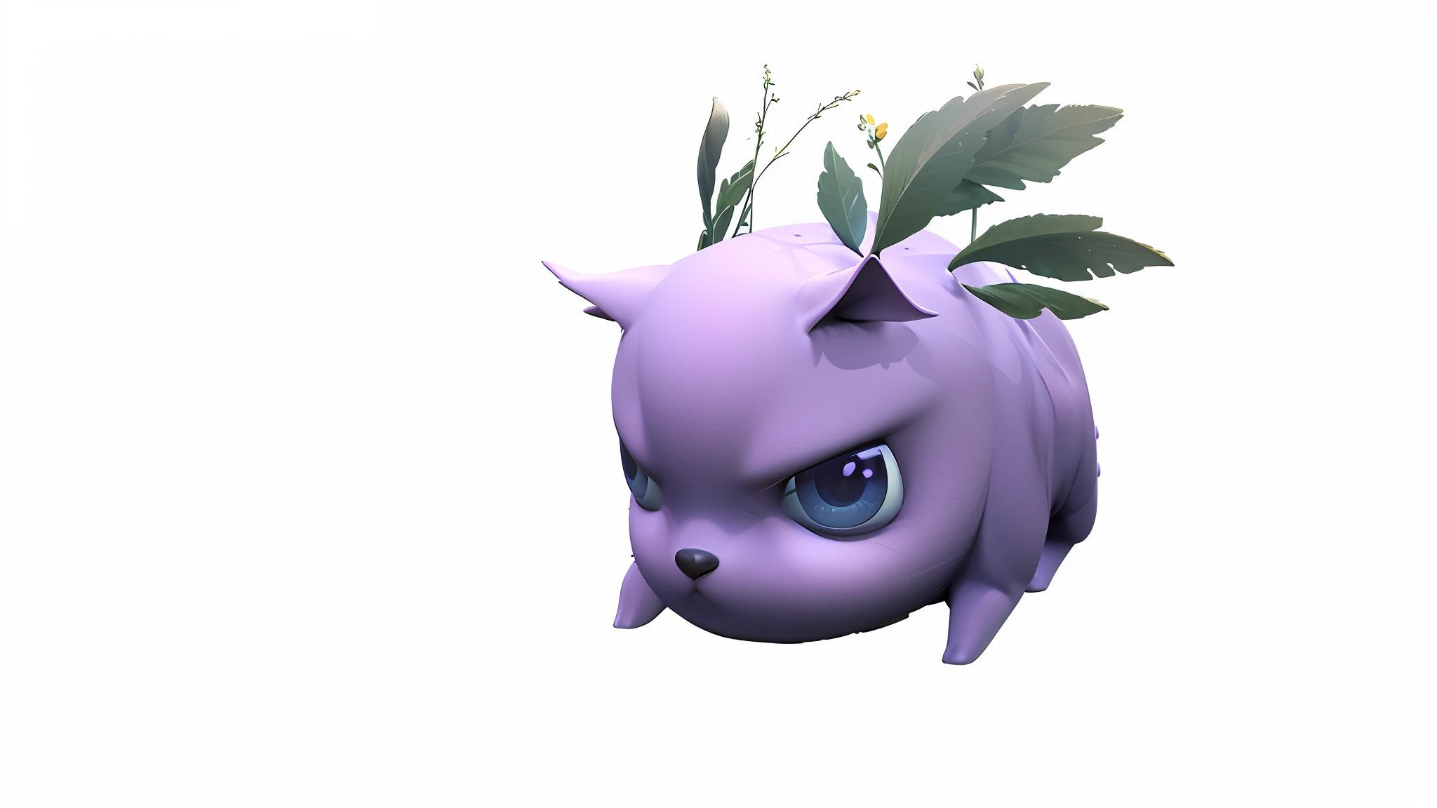 There is a purple cat，There is a flower on the head, 3 d littlest pet shop cat, world boss kitten, plant monster, 3 d littlest pet shop animal, 3d littlest pet shop animal, wee whelp, ocatne render, blender eevee render, zorua pokemon, Purple cat, gengar, vrchat, plant monster, cute forest creature，white backgrounid