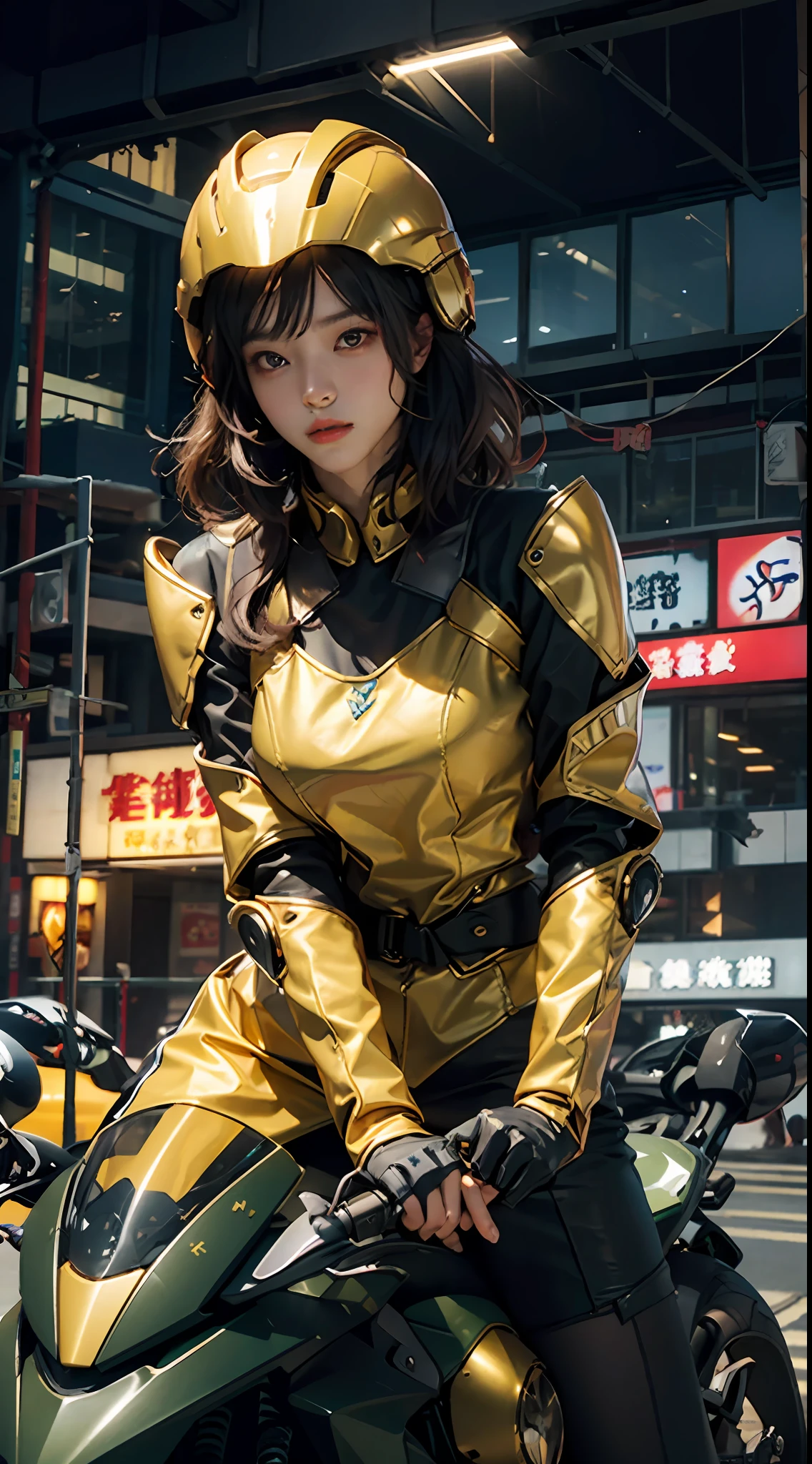 Highest image quality,Outstanding details,超高分辨率,(fidelity:1.4),The best illustration,Favor the details,Highly cohesive 1girl,He has a delicate and beautiful face,Dressed in a short golden-green mech,Wearing a golden mech helmet,Hold a sniper rifle,Riding on a motorcycle,The background is a high-tech lighting scene in the future city。
