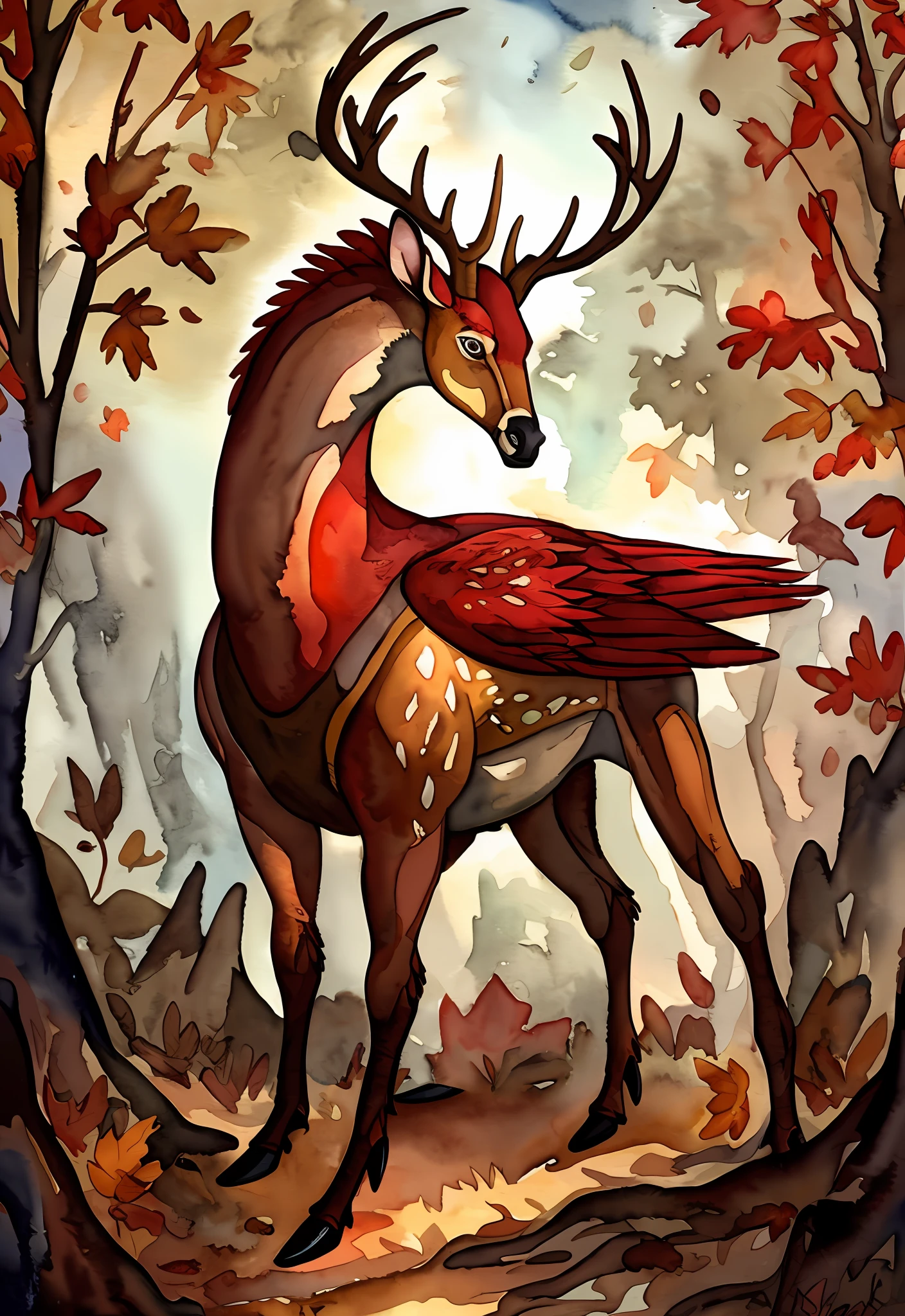 fall colors, water color trees watercolor tree trunks, red leaves, grey, orange grass