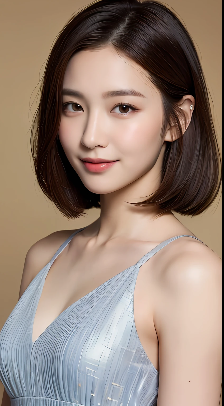 ((Best Quality, 8K, Masterpiece: 1.3)), 1 Girl, Slim Abs Beauty: 1.3, (Hairstyle Brown Hair Shortcut, Big: 1.2), Dress: 1.1, Super Slender Face, Delicate Eyes, Double Eyelids, Smile, Home, Raw Photo