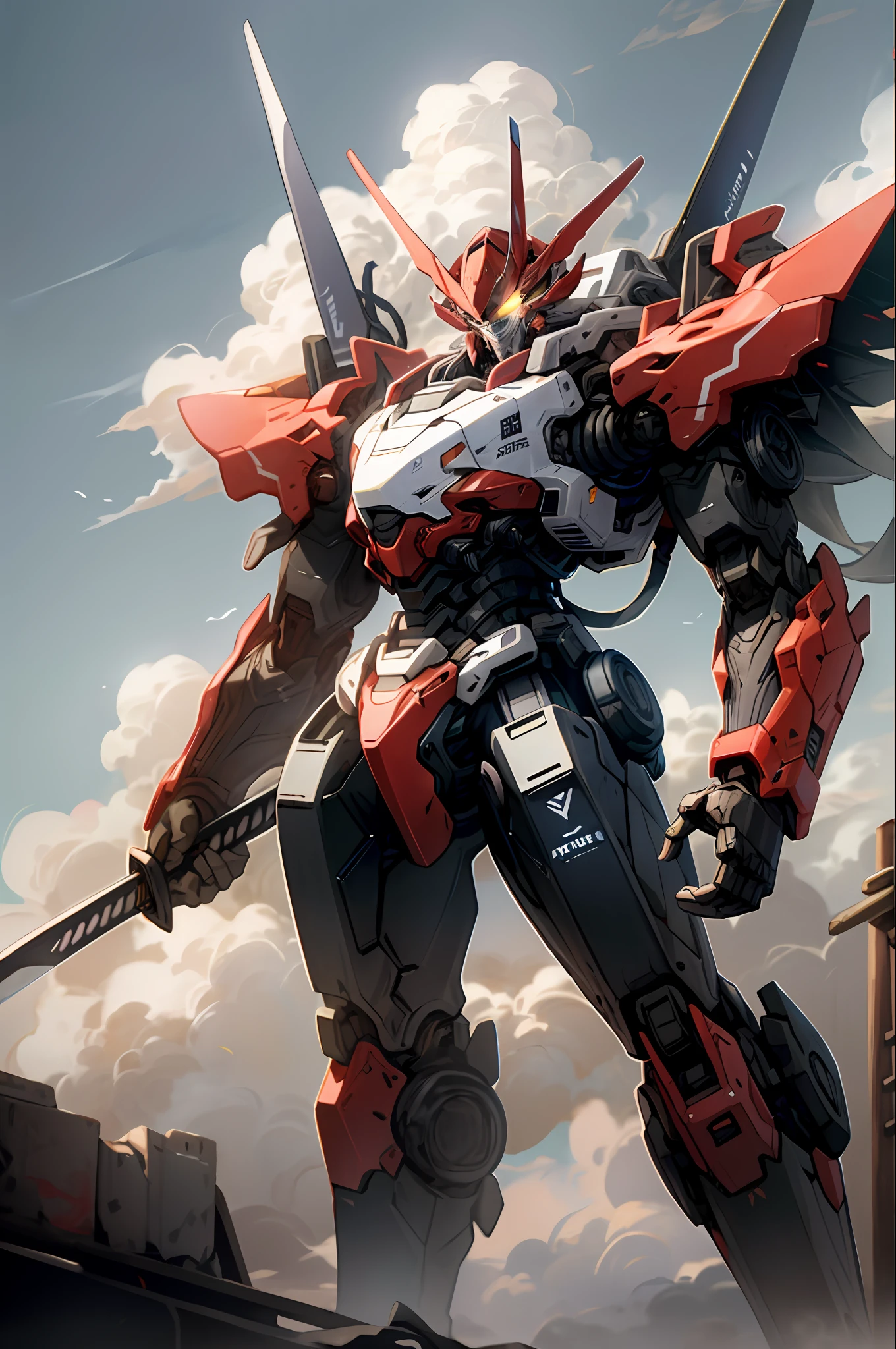 skyward, the clouds, Holding_arma,Japanese Katana Sword, No_The human, glowing with, , robotical, Build, Glowing_Eyes, mechs, scienc_fiction, oras, realisticlying,Dark red black mech,shadowed