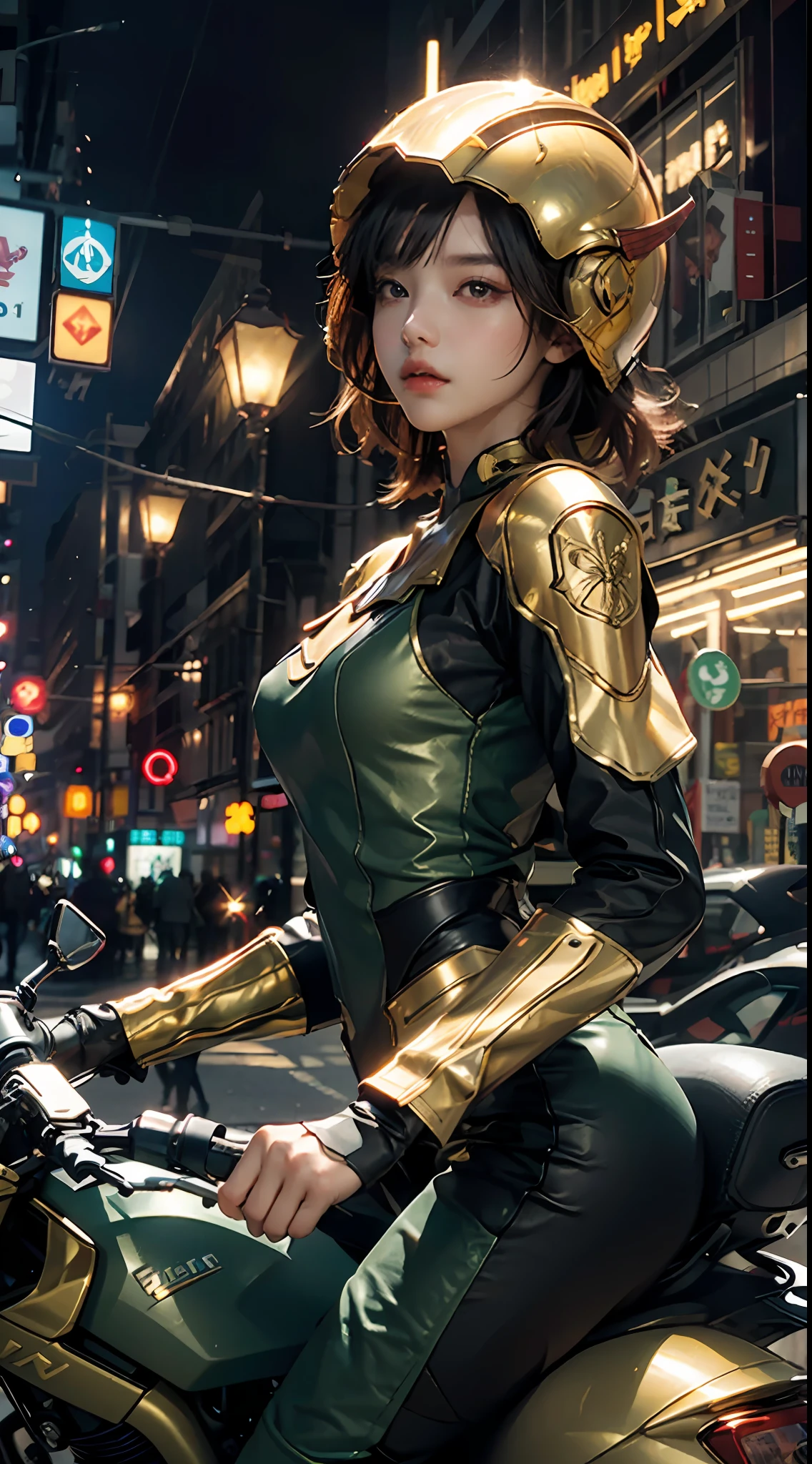 Highest image quality，Outstanding details，超高分辨率，（fidelity：1.4），The best illustration，Favor the details，Highly cohesive 1girl，He has a delicate and beautiful face，Dressed in a short golden-green mech，Wearing a golden mech helmet，Hold a sniper rifle，Riding on a motorcycle，The background is a high-tech lighting scene in the future city。